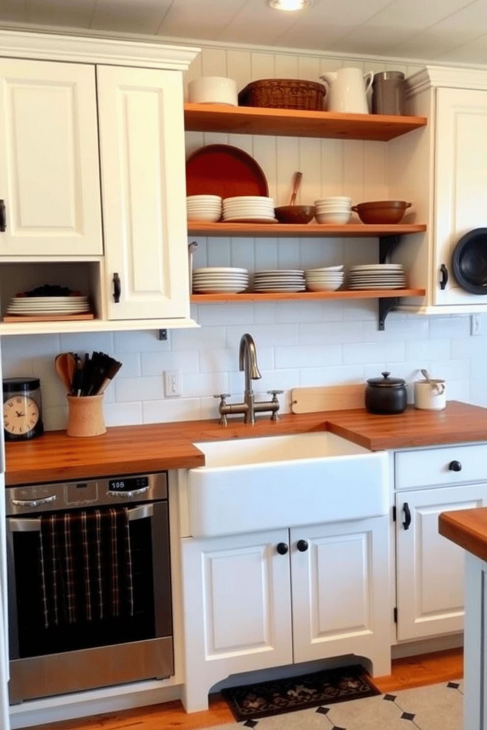 A charming kitchen setting featuring a farmhouse sink as the centerpiece. The cabinetry is painted in soft white, complemented by a butcher block countertop and open shelving displaying rustic dishware.