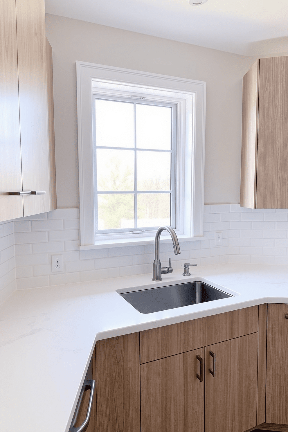 A simple kitchen design featuring a clean and minimalist aesthetic. The backsplash consists of white subway tiles arranged in a classic pattern, complementing the light wood cabinetry. The countertops are made of smooth quartz with subtle gray veining. A stainless steel sink is positioned beneath a large window that allows natural light to flood the space.