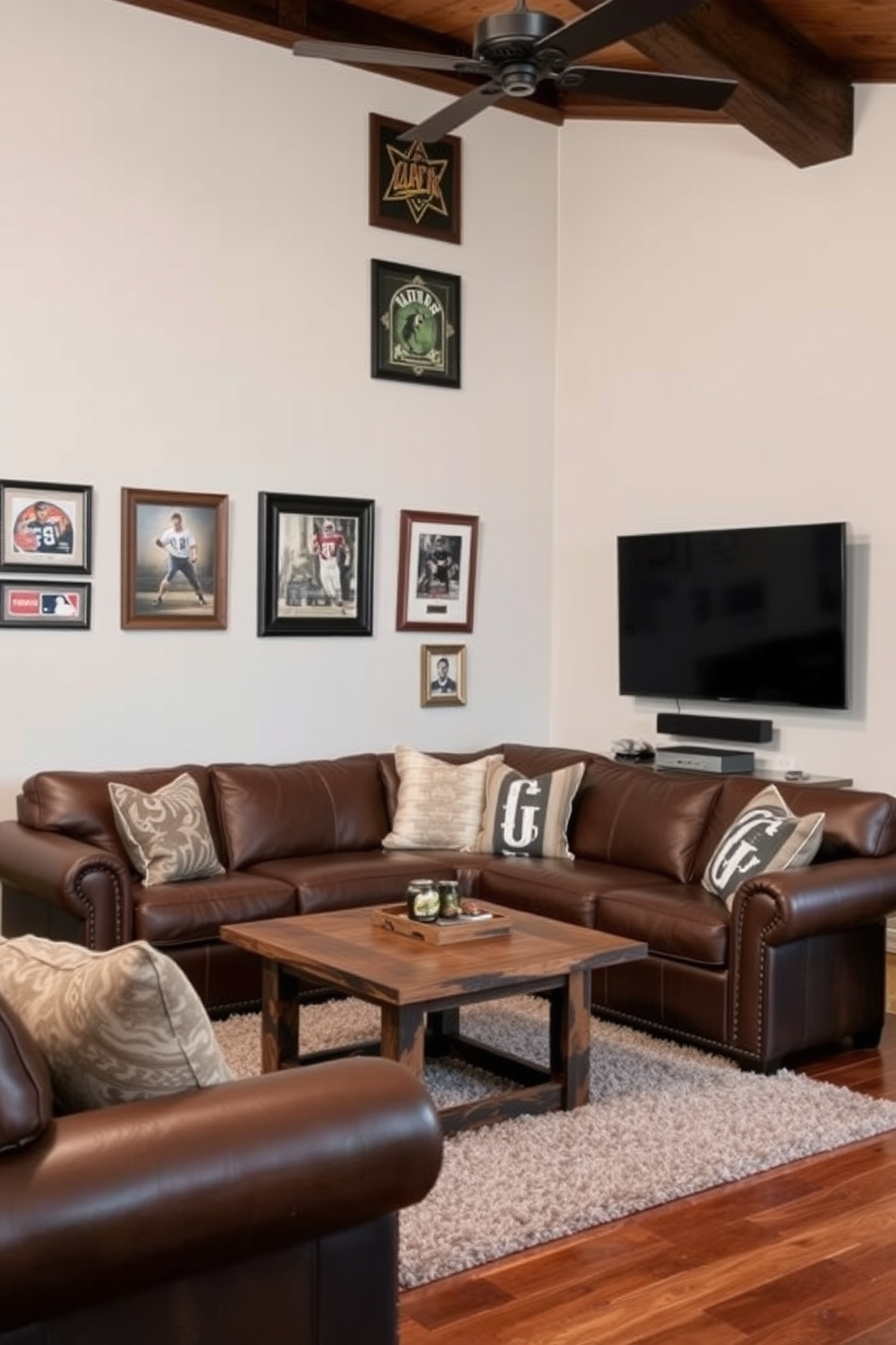 Cozy leather seating area for relaxation. The space features a large, plush leather sofa with soft throw pillows, positioned around a rustic wooden coffee table. Simple man cave design ideas. The walls are adorned with vintage sports memorabilia, and a large flat-screen TV is mounted above a sleek console table.