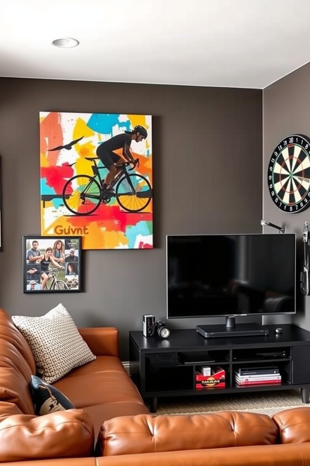 Industrial style shelving for storage solutions. The shelves are made of reclaimed wood and black metal brackets, creating a rugged yet stylish look. Simple man cave design ideas. The space features a comfortable leather sofa, a large flat-screen TV mounted on the wall, and a rustic coffee table made from pallets.