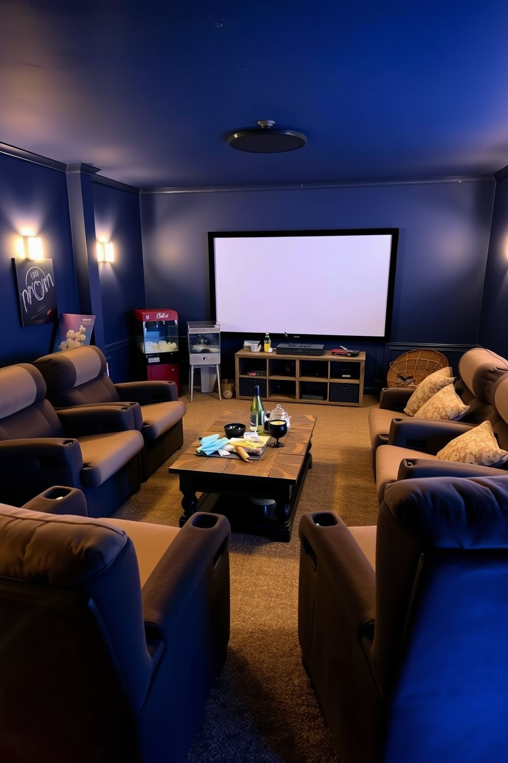 A cozy man cave designed for relaxation and entertainment. The walls are lined with soundproofing panels in a deep navy color, enhancing the room's tranquility. A plush sectional sofa faces a large flat-screen television mounted on the wall. Ambient lighting fixtures create a warm atmosphere, while a rustic coffee table adds a touch of charm.