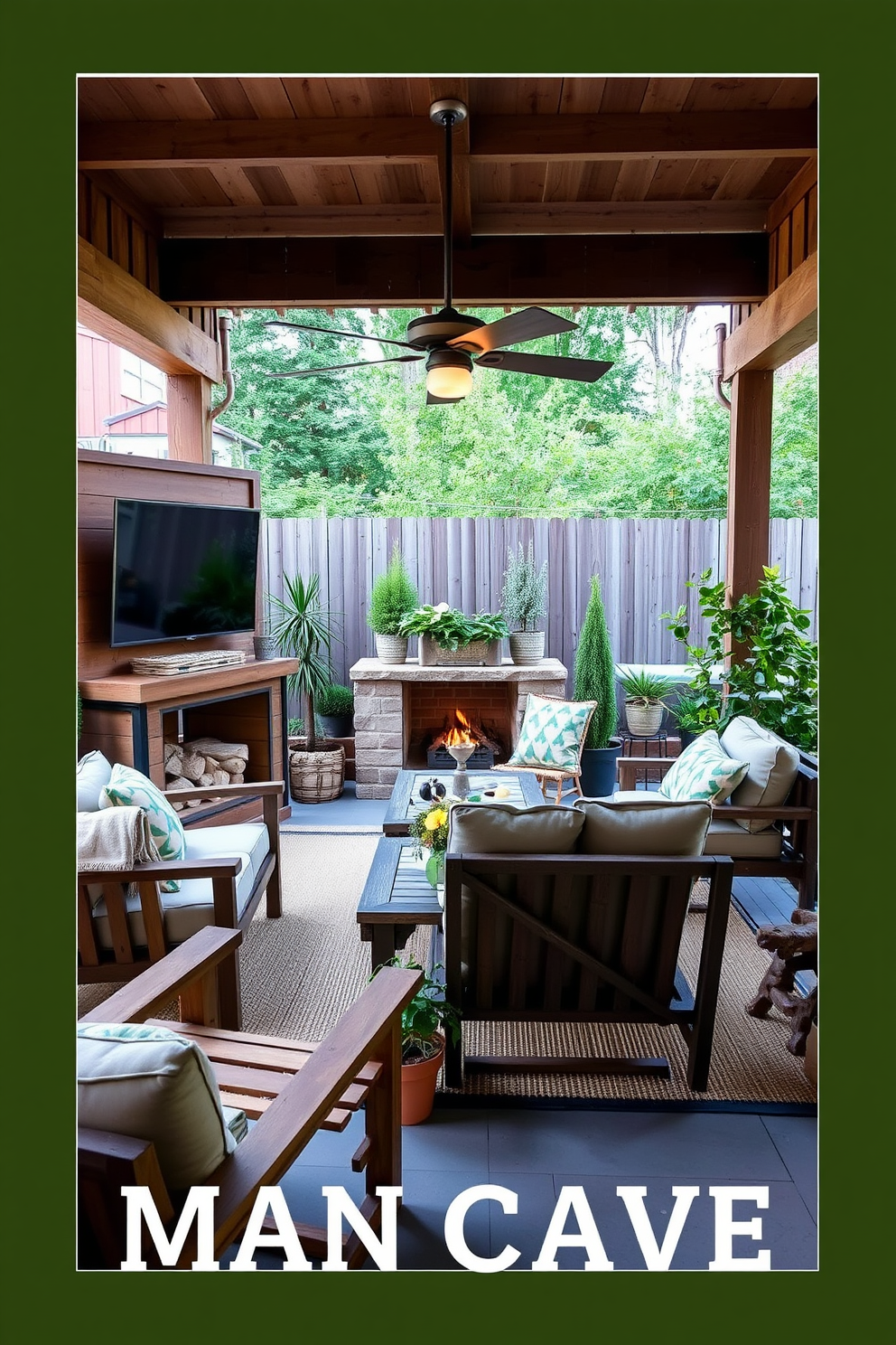 A cozy man cave featuring a rustic stone fireplace that serves as the focal point of the room. Comfortable leather seating is arranged around a wooden coffee table, creating an inviting space for relaxation and entertainment. The walls are adorned with vintage posters and warm-toned wood paneling, enhancing the rustic charm. Soft lighting fixtures provide a warm glow, making the space perfect for gatherings or quiet evenings in.