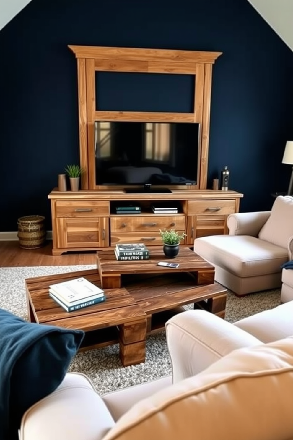 A cozy man cave featuring a built-in bookshelf that showcases a curated collection of books and decorative items. The space is designed with comfortable seating, warm lighting, and a neutral color palette, creating an inviting atmosphere for relaxation and entertainment. The built-in bookshelf is crafted from rich wood, seamlessly blending into the wall and providing ample storage for books and personal memorabilia. Surrounding the bookshelf, the room is adorned with soft textiles, a plush rug, and artwork that reflects the owner's personality and interests.