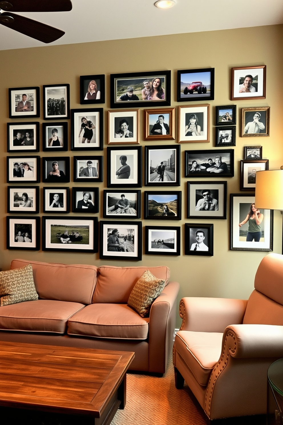 A vibrant man cave featuring neon signs that illuminate the space with a colorful glow. The walls are adorned with vintage posters and memorabilia, creating a nostalgic atmosphere. The seating area includes a plush sectional sofa in deep blue, paired with a rustic wooden coffee table. A bar cart stocked with drinks and snacks sits in the corner, inviting relaxation and entertainment.