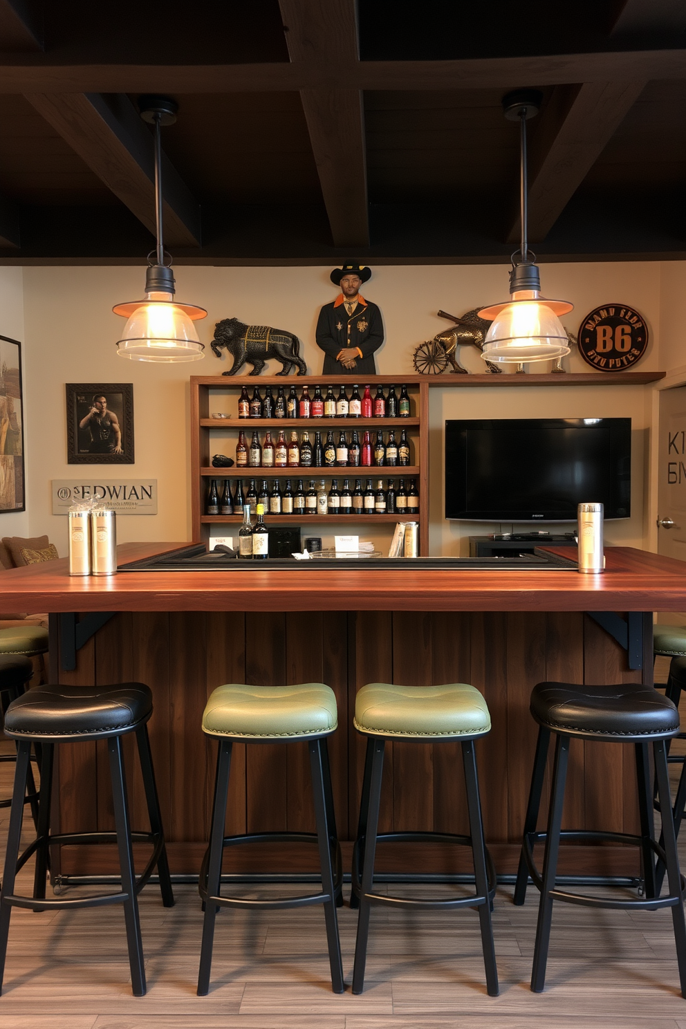 A cozy entertainment space featuring vintage arcade games arranged against a rustic brick wall. The floor is covered with a plush dark rug, and comfortable seating options include a leather sofa and retro bean bags. A simple man cave design showcasing a large flat-screen TV mounted above a wooden console. The walls are adorned with sports memorabilia, and a mini fridge sits in the corner stocked with drinks for easy access.