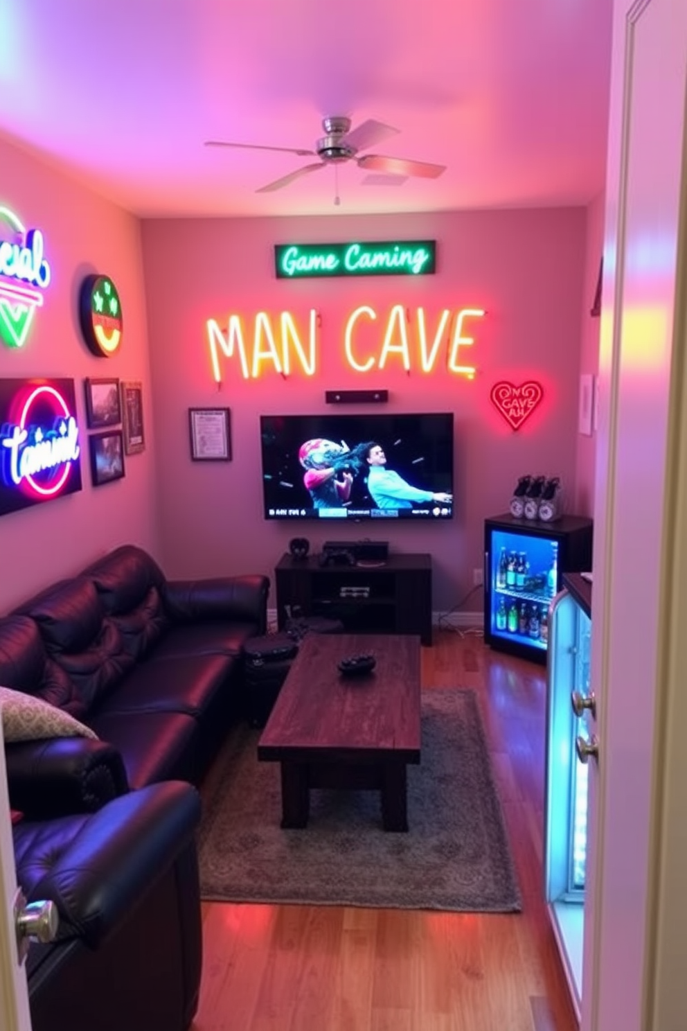 Create a cozy man cave featuring comfortable bean bags arranged in a relaxed seating area. The walls are painted in a warm gray tone, and a large flat-screen TV is mounted opposite the seating, complemented by ambient lighting.