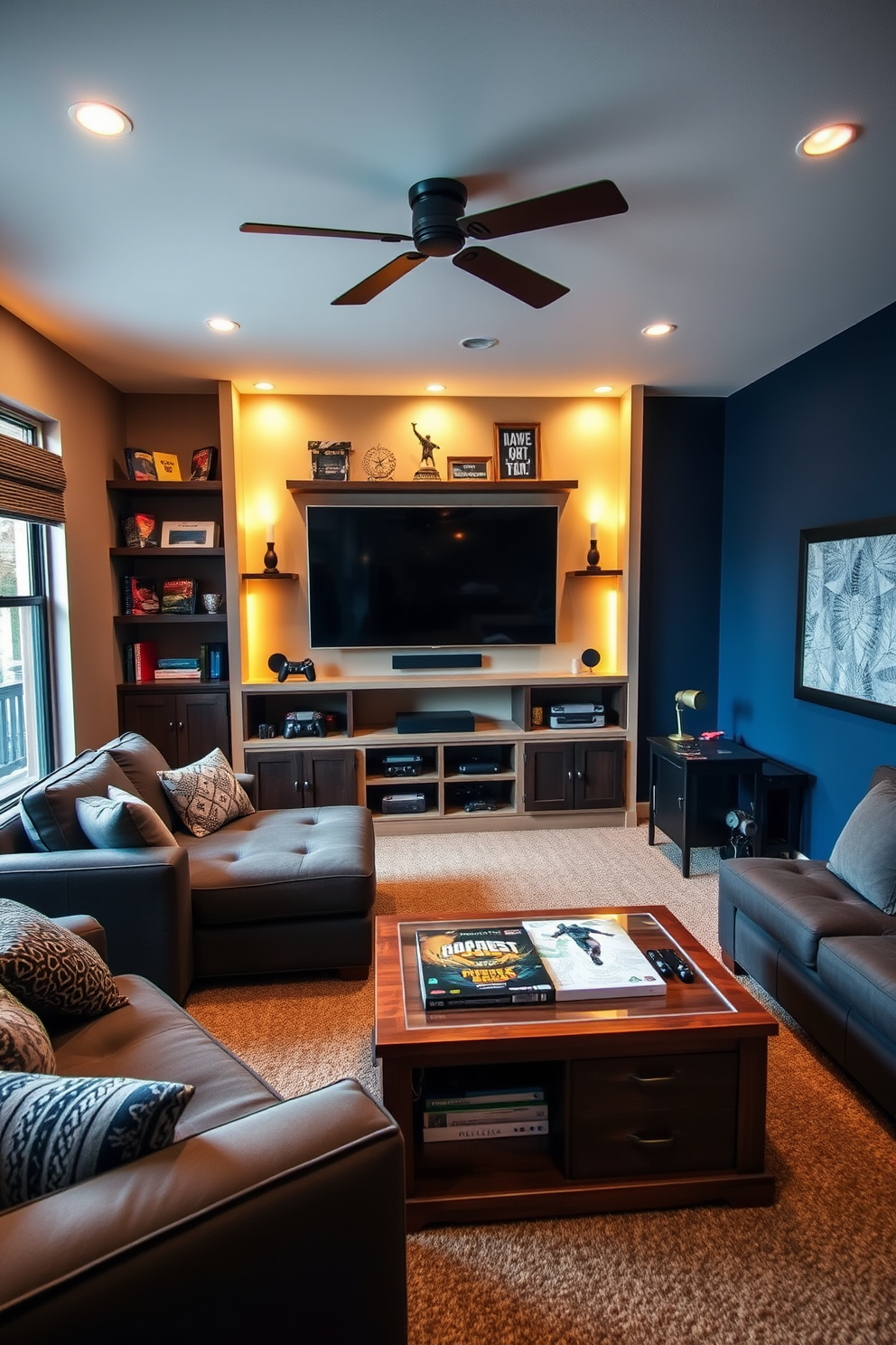 A cozy man cave designed around a sports theme. The walls are adorned with framed jerseys and memorabilia, while a large sectional sofa faces a big-screen TV mounted above a rustic wooden console. A small bar area is set up in one corner, featuring high stools and shelves stocked with drinks and glassware. The floor is covered with a plush area rug, adding warmth to the space, and dimmable lights create an inviting atmosphere for relaxation and entertainment.