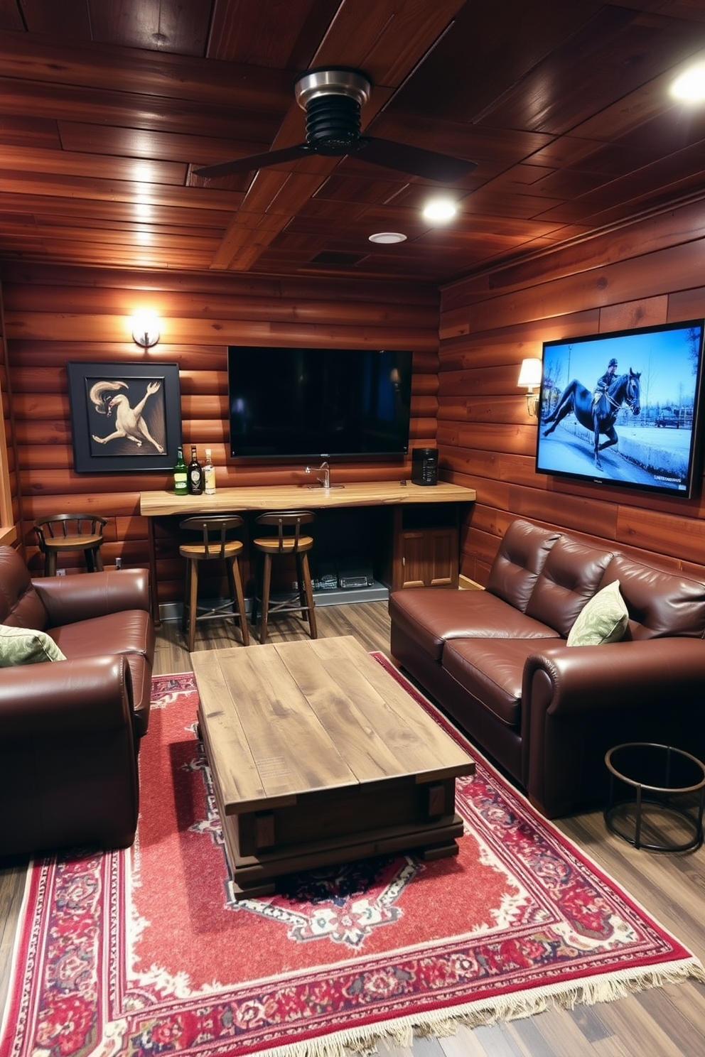 A cozy game table setup designed for poker or board games. The table is made of dark wood with a green felt surface, surrounded by comfortable leather chairs. The walls are adorned with framed vintage posters and shelves filled with board games. Soft lighting from a stylish overhead fixture creates an inviting atmosphere for game nights.