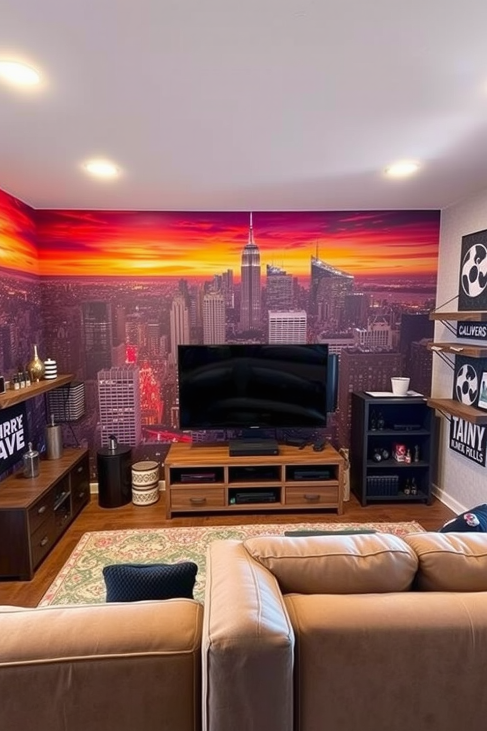 A wall-mounted dartboard is the focal point of this cozy man cave, surrounded by rustic wooden paneling. Comfortable seating is arranged nearby, inviting friends to gather for friendly competition. The space features ambient lighting that enhances the relaxed atmosphere, with sports memorabilia tastefully displayed on the walls. A small bar area complements the dartboard, providing refreshments for an enjoyable game night.