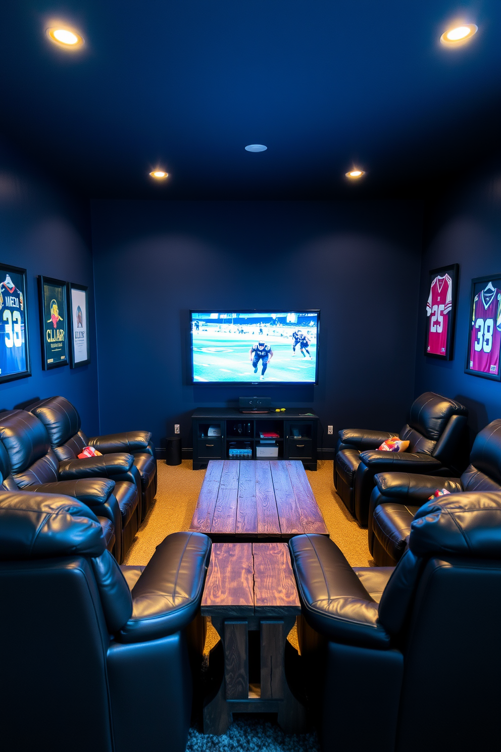 A cozy man cave featuring a wall-mounted TV positioned at eye level for optimal viewing angles. The space includes a comfortable sectional sofa in a dark fabric, complemented by a sleek coffee table made of reclaimed wood. The walls are painted in a deep navy blue, creating a relaxing atmosphere. Ambient lighting is provided by stylish floor lamps and wall sconces, enhancing the overall aesthetic of the room.