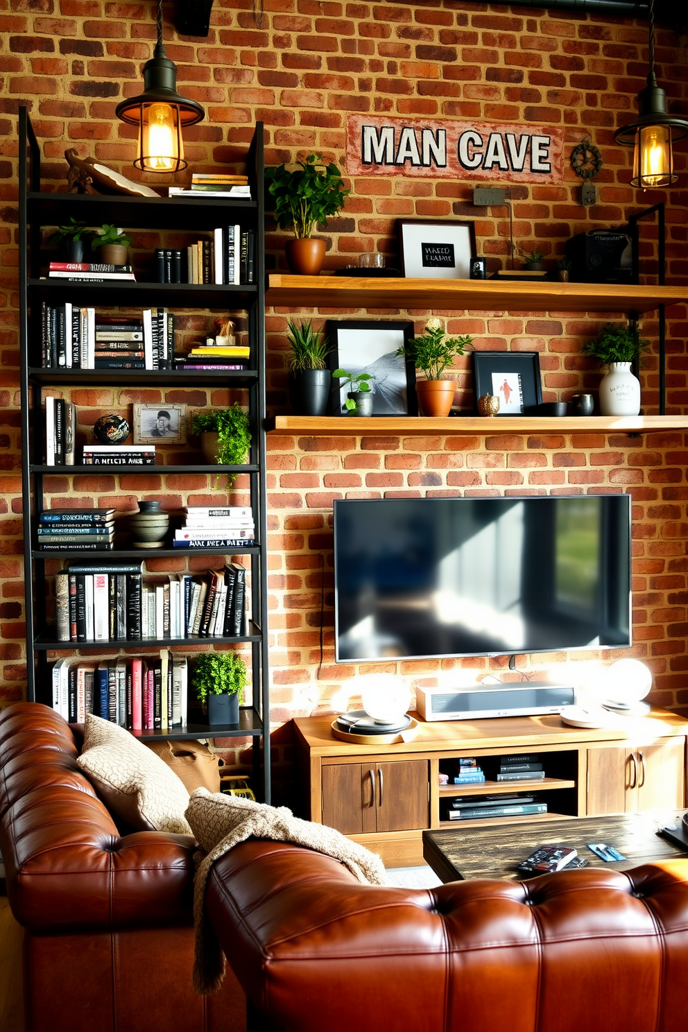 A stylish sports memorabilia display takes center stage on sleek wooden shelves. The arrangement features framed jerseys, signed balls, and vintage collectibles that reflect a passion for sports. The man cave design embraces a cozy atmosphere with a plush sectional sofa and a large flat-screen TV. Dark walls and ambient lighting create an inviting space for relaxation and entertainment.