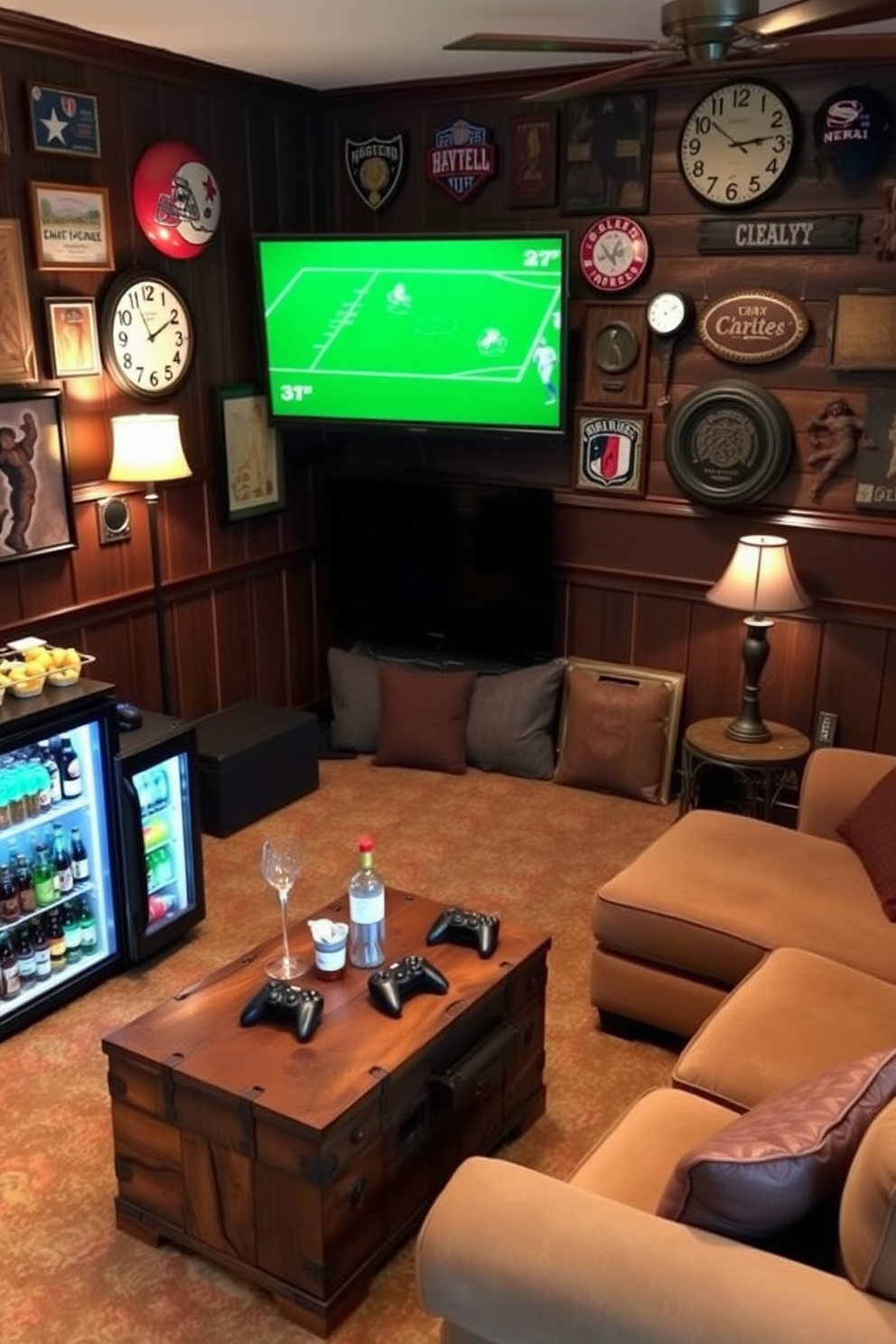 A cozy man cave with mood lighting that creates a relaxed atmosphere. Soft, dimmable fixtures illuminate the space, casting a warm glow over comfortable seating arrangements. The room features a plush sectional sofa in dark gray, complemented by a rustic coffee table made of reclaimed wood. A large flat-screen TV is mounted on the wall, flanked by shelves displaying sports memorabilia and books.