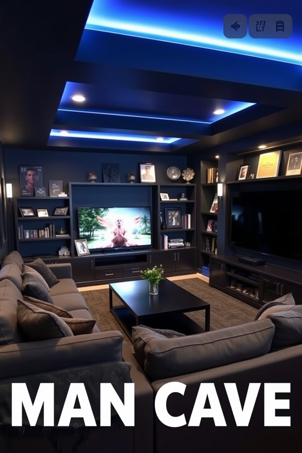 A sleek mini fridge designed for cold beverages sits in the corner of a stylish man cave. The fridge features a stainless steel finish and a glass door, showcasing an array of colorful drinks inside. The man cave is furnished with a comfortable leather sofa and a rustic wooden coffee table. Ambient lighting creates a cozy atmosphere, while framed sports memorabilia adorns the walls.