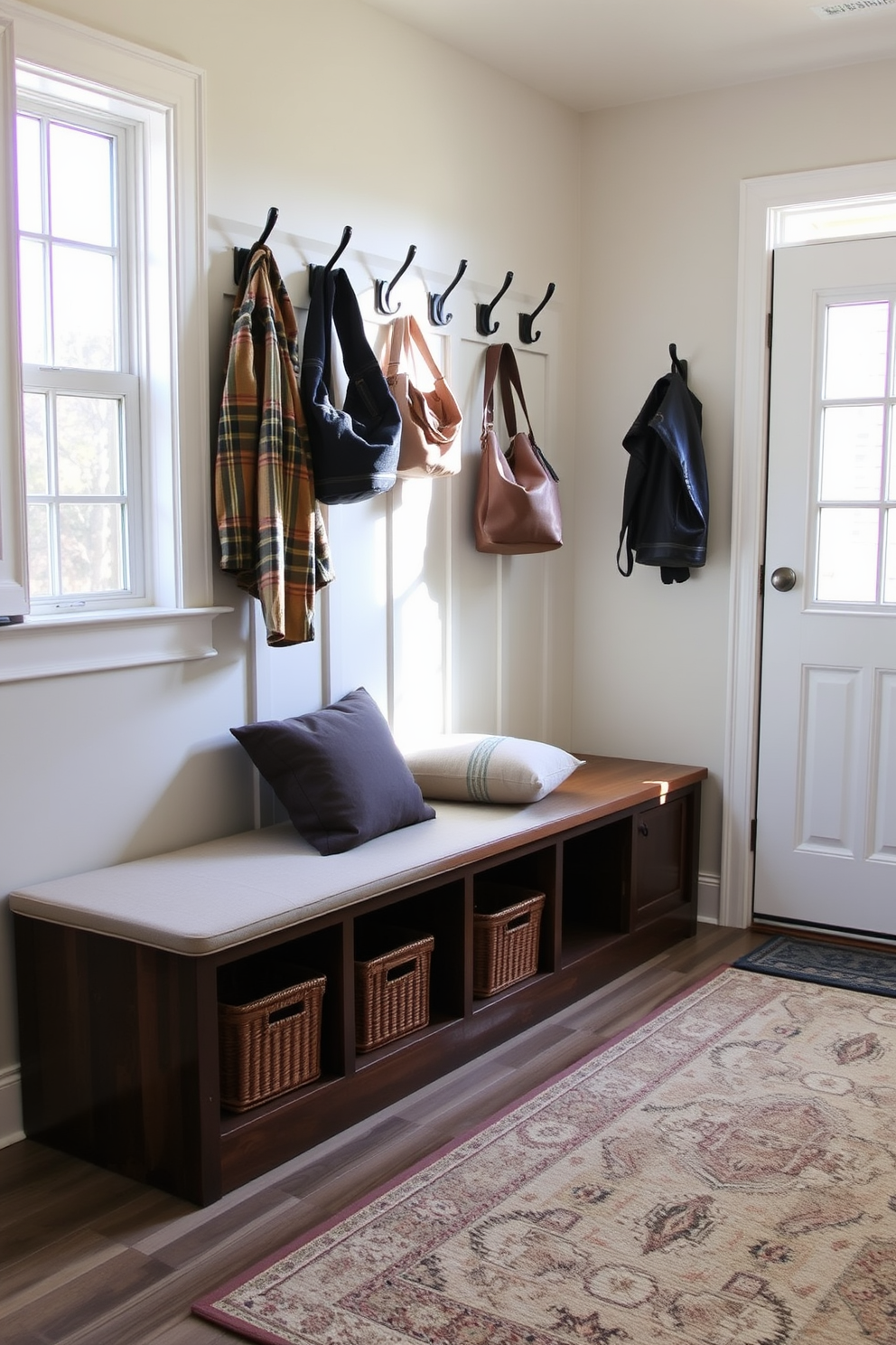 A cozy bench with storage underneath is positioned against the wall in a mudroom. The bench features soft cushions and is surrounded by hooks for hanging coats and bags. Natural light filters in through a nearby window, illuminating the space with warmth. The floor is adorned with a durable rug that adds a touch of comfort and style.