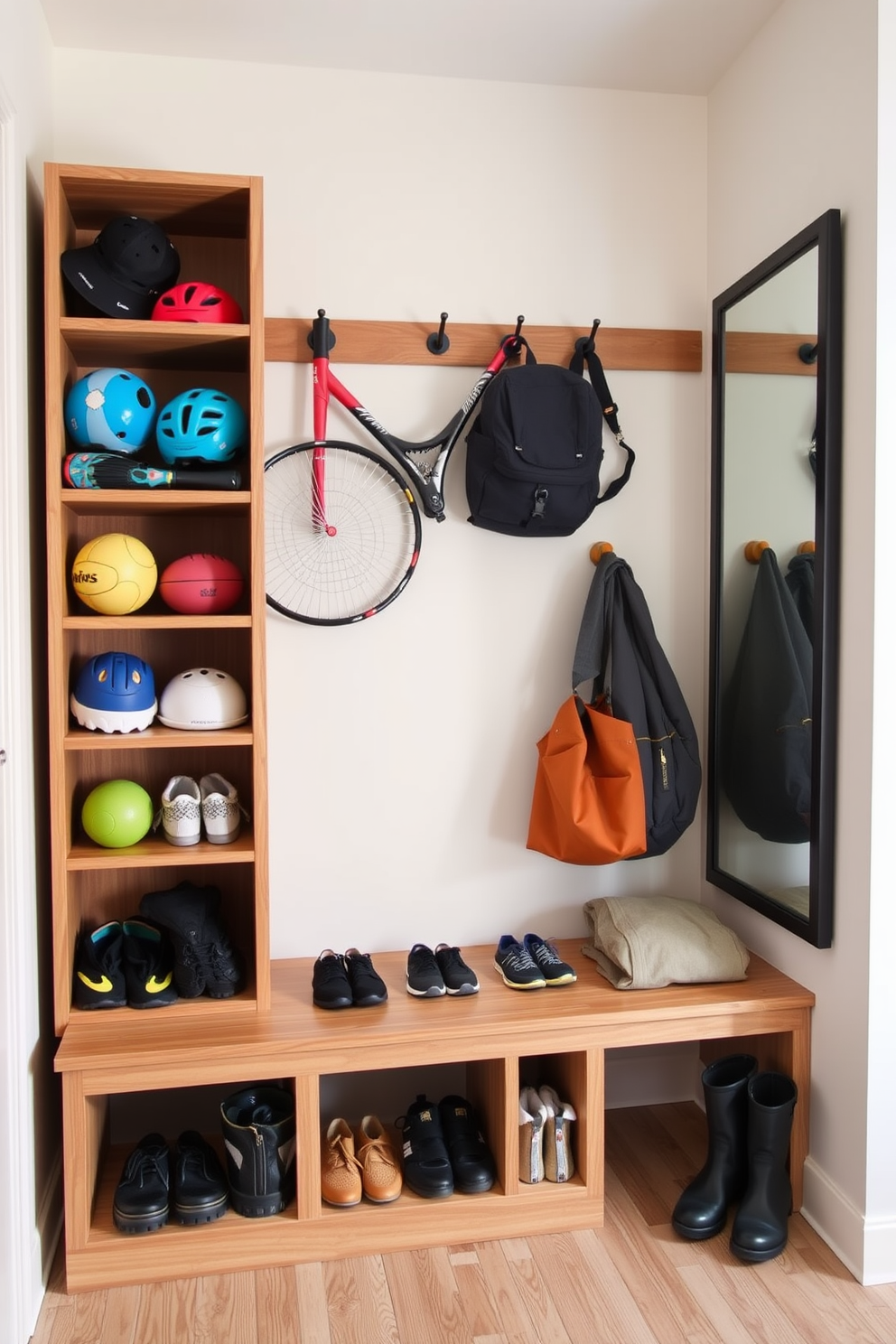 Vertical storage for sports equipment. A sleek wooden shelving unit is installed against the wall, featuring various compartments for storing balls, rackets, and helmets. Hooks are mounted above the shelves to hang bicycles and bags, maximizing floor space and keeping the area organized. Simple mudroom design ideas. The mudroom features a built-in bench with storage cubbies underneath for shoes and boots. Above the bench, a row of hooks provides space for coats and bags, while a large mirror enhances the sense of openness and light.