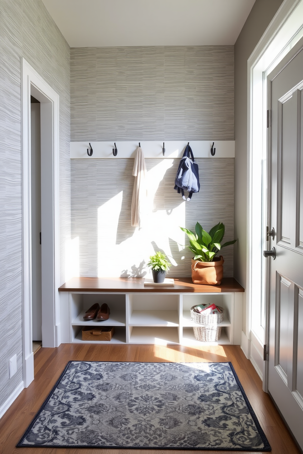 A welcoming mudroom with an accent wall featuring textured wallpaper in a soft gray tone. The space includes a built-in bench with storage cubbies underneath and hooks above for coats and bags. Natural light streams in through a nearby window, illuminating a stylish area rug that adds warmth to the floor. Potted plants are placed on the bench, enhancing the inviting atmosphere of the room.