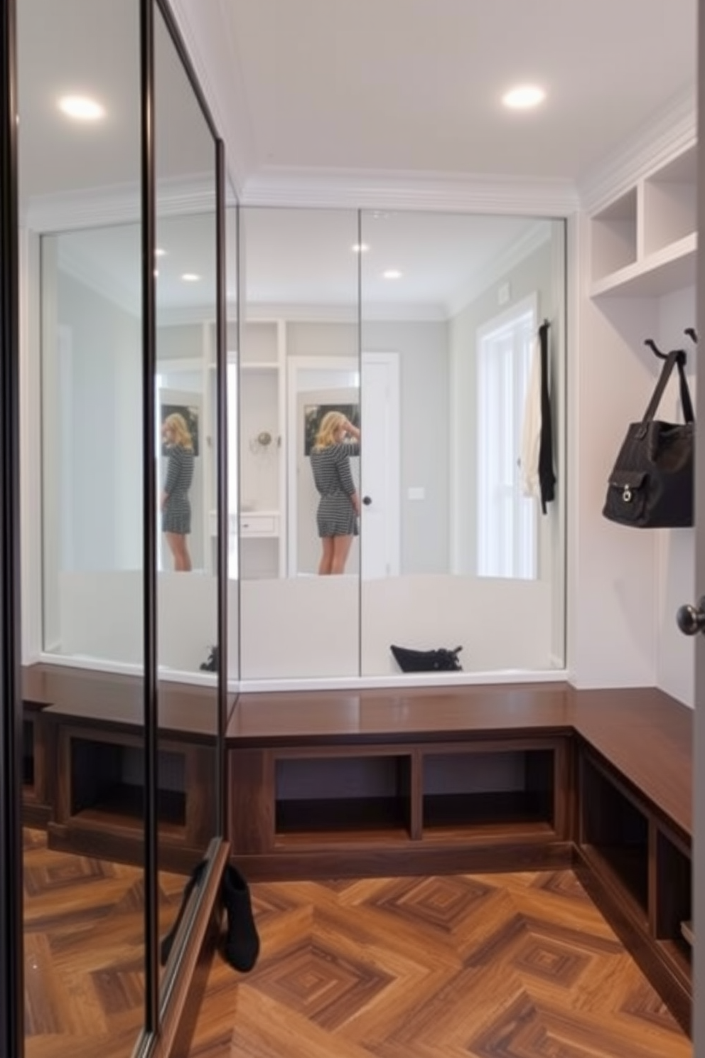 A stylish mudroom featuring a mirrored wall that allows for easy outfit checks. The space includes built-in benches with storage underneath and hooks for hanging coats and bags.