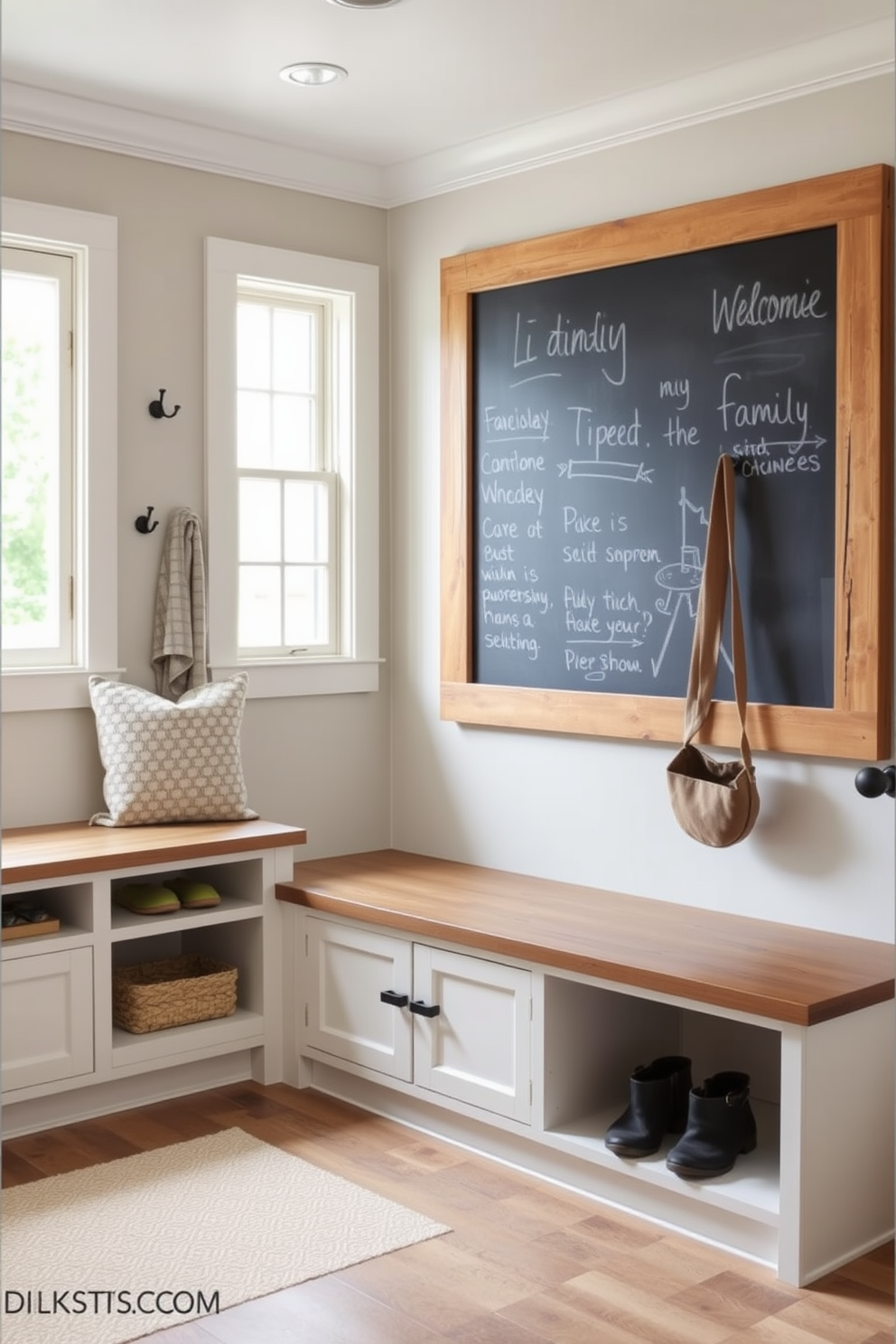 A cozy mudroom featuring a chalkboard wall for family reminders. The space includes built-in benches with storage underneath and hooks for coats and bags. The chalkboard wall is framed in rustic wood, adding warmth to the design. Natural light floods the area through a nearby window, enhancing the welcoming atmosphere.