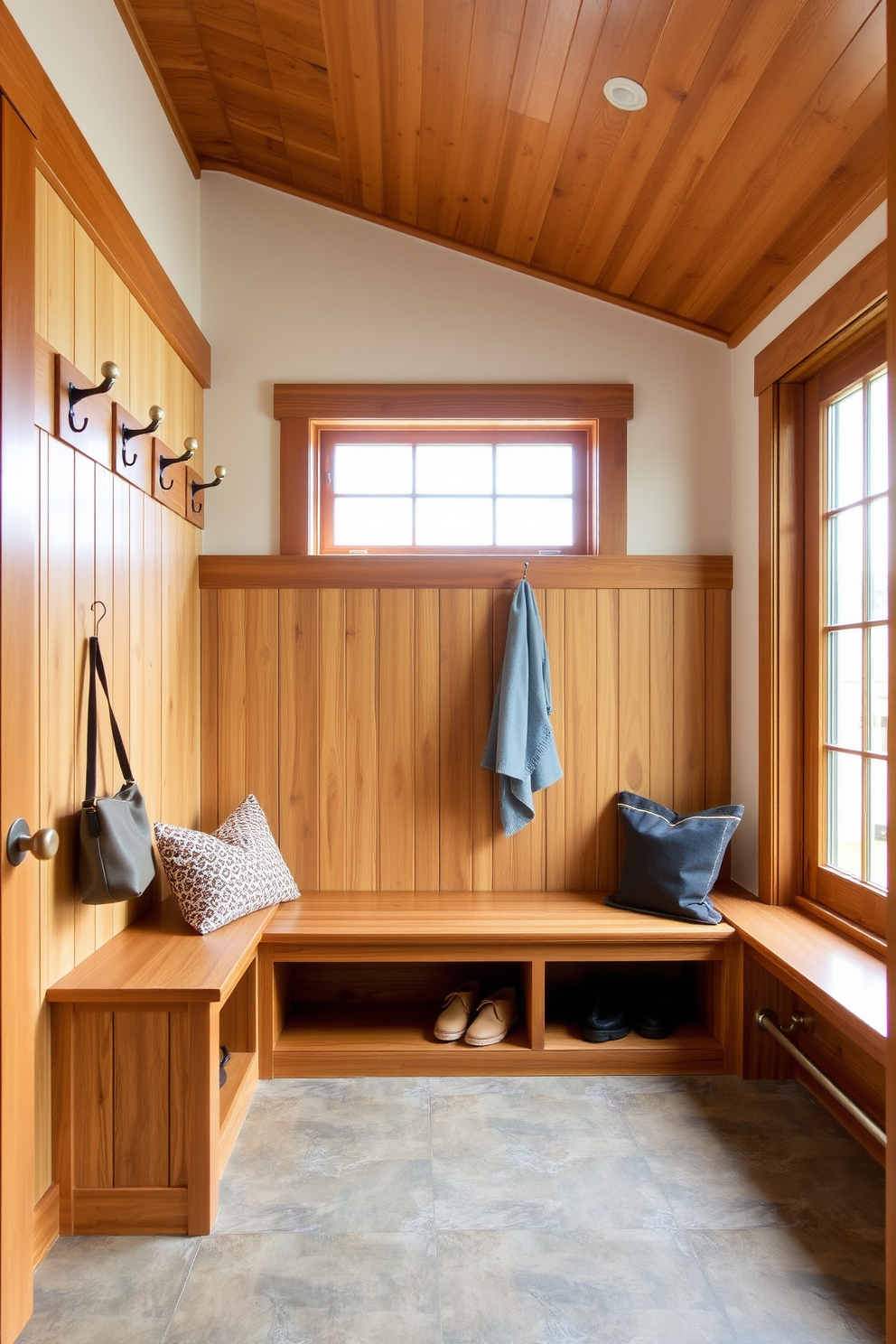 A welcoming mudroom featuring natural wood accents that create a warm and inviting atmosphere. The space includes built-in wooden benches with storage underneath, complemented by hooks for coats and bags on the walls. Light-colored walls enhance the natural wood tones, while a durable yet stylish floor provides practicality. A large window allows natural light to flood the room, making it feel bright and airy.