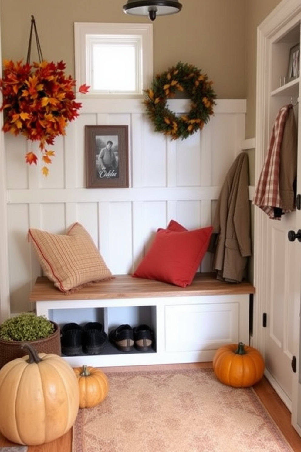 Seasonal decor for a welcoming touch. Imagine a cozy entryway adorned with autumn leaves and pumpkins, complemented by warm-toned throw pillows on a rustic bench. Simple mudroom design ideas. Visualize a functional space with built-in cubbies for shoes and coats, featuring a durable bench and a cheerful color palette that invites organization.