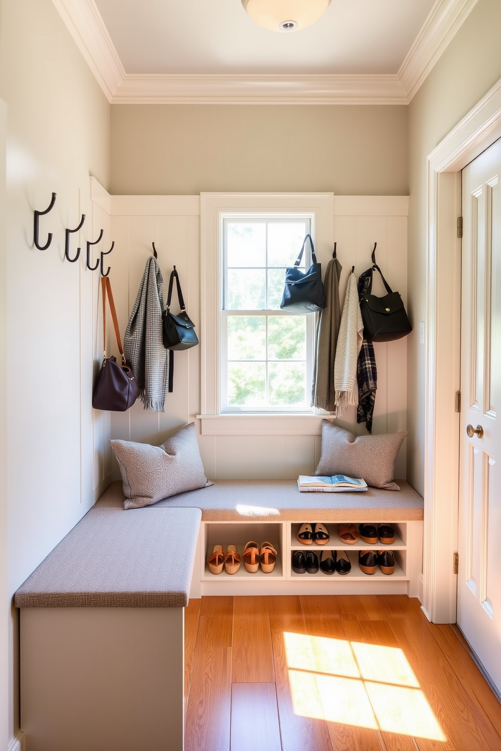 A stylish mudroom featuring a built-in seating area with shoe racks underneath. The seating is upholstered in a neutral fabric, and the walls are adorned with hooks for coats and bags, creating a functional yet inviting space. Natural light floods the area through a large window, highlighting the warm wooden flooring. A small console table beside the seating provides additional storage for keys and everyday items, enhancing the practicality of the design.