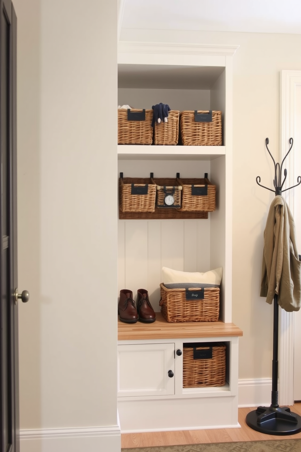 A cozy mudroom features a row of woven baskets neatly arranged on a wooden shelf. Each basket is labeled for easy organization of small items like gloves, hats, and scarves. The walls are painted in a soft, welcoming color, while a durable bench provides a comfortable spot for putting on or taking off shoes. A small coat rack is mounted nearby, offering a convenient place to hang jackets and bags.