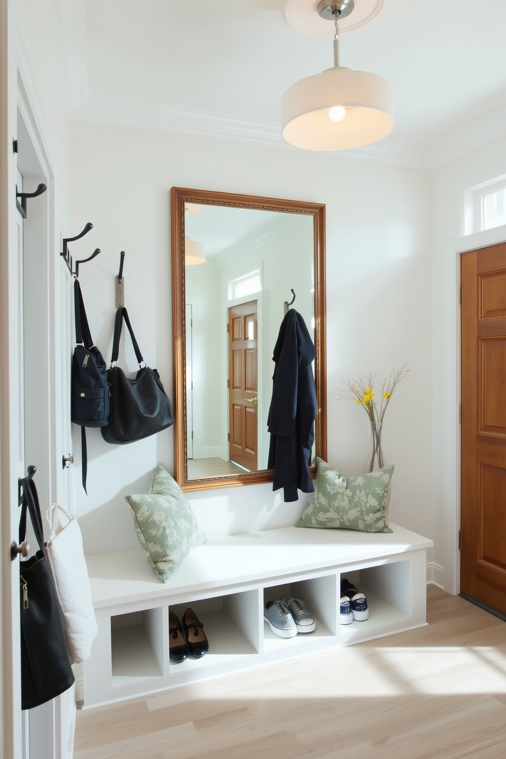 A bright and inviting mudroom features a combination of functional storage and stylish decor. Wall-mounted hooks line one side for coats and bags, while a built-in bench with cubbies underneath offers seating and storage for shoes. The space is illuminated by a modern pendant light hanging from the ceiling, casting a warm glow throughout. A large mirror above the bench reflects light and creates an illusion of a larger area, enhancing the overall design.