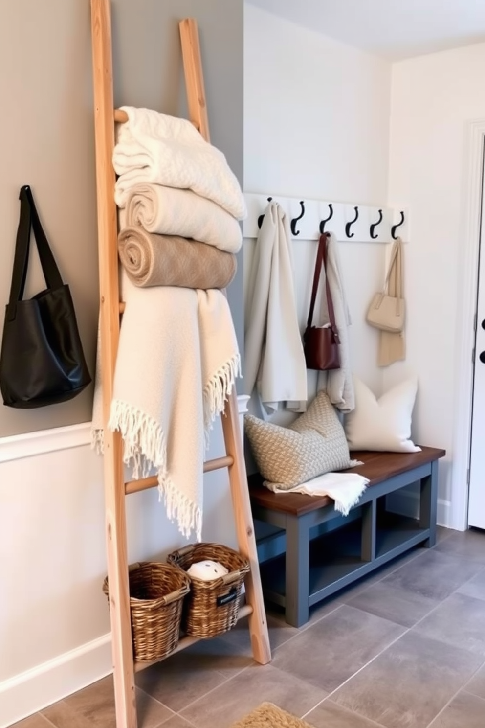 A decorative ladder is leaning against the wall, showcasing a variety of cozy blankets in soft, neutral tones. The ladder is made of natural wood, adding warmth to the space while providing an inviting touch to the room. The mudroom features a minimalist design with a functional bench for seating and storage. Hooks are mounted on the wall for hanging coats and bags, and the floor is covered with durable, easy-to-clean tiles in a subtle pattern.