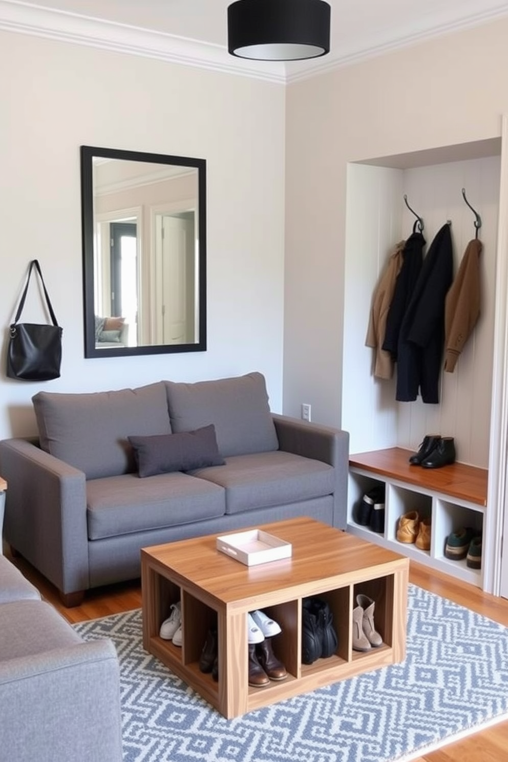 A clever arrangement of multi-functional furniture in a small living area. A sleek sofa bed serves as both seating and a sleeping space, while a coffee table with built-in storage provides practicality without sacrificing style. A simple mudroom design featuring a built-in bench with cubbies for shoes and bags. The walls are adorned with hooks for coats, and a large mirror reflects light, creating an inviting and organized entryway.