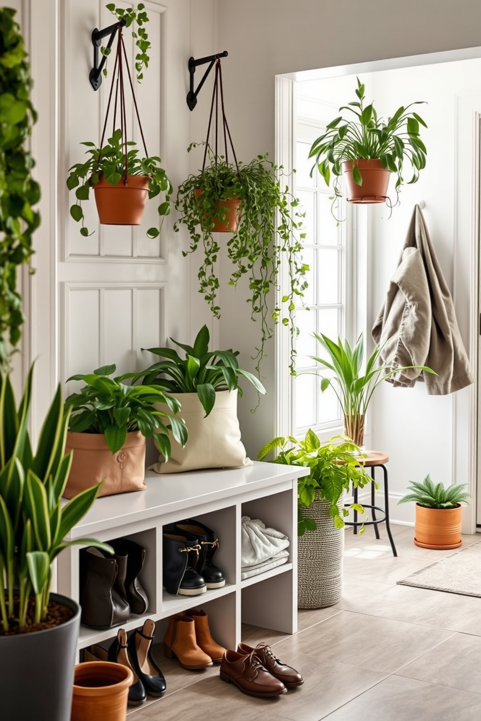 Indoor plants are strategically placed throughout the mudroom to create a fresh and inviting atmosphere. A combination of hanging planters and potted greenery adds life and color to the space. The mudroom features a functional bench with storage underneath for shoes and bags. Light-colored walls and a durable tile floor enhance the simplicity and practicality of the design.