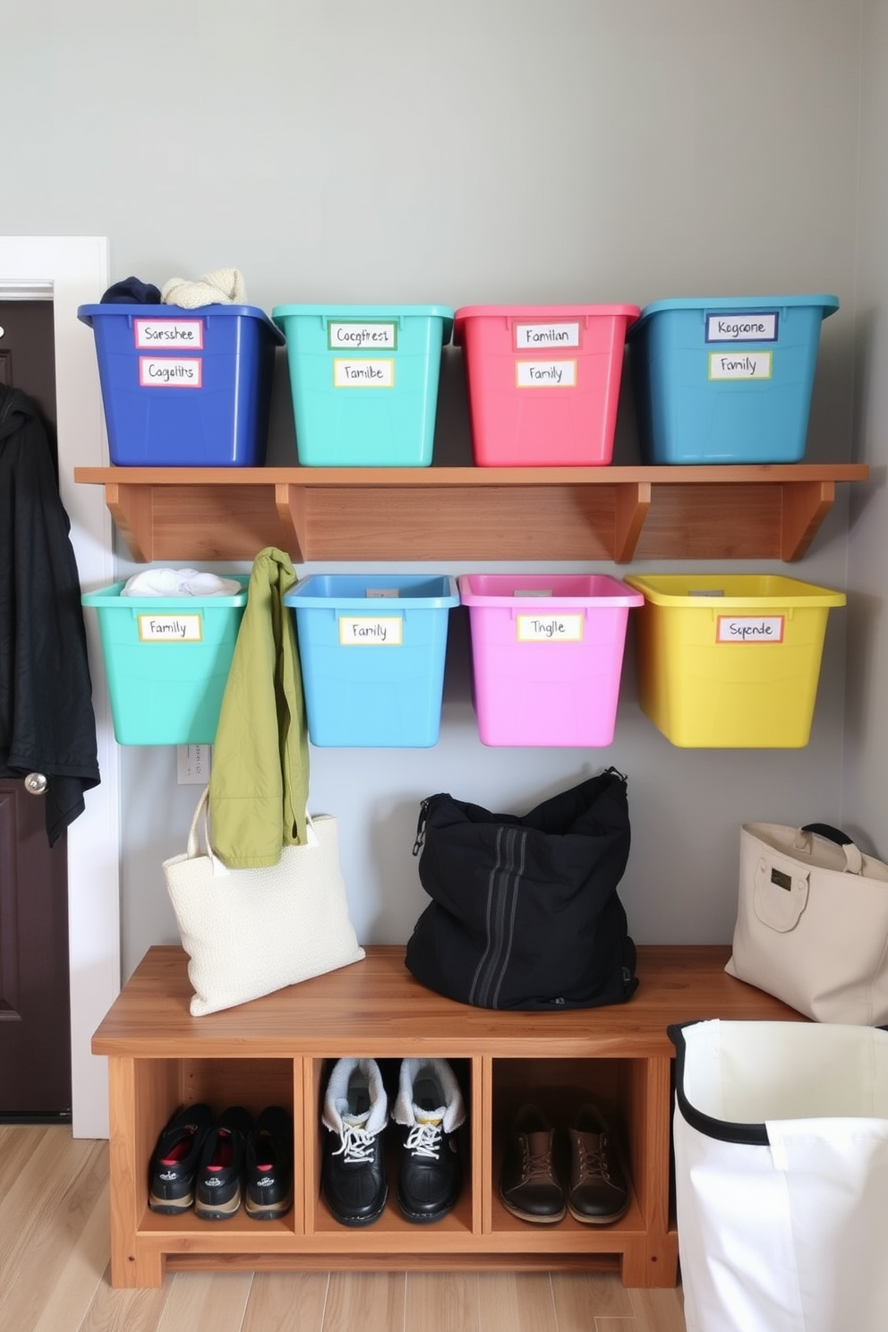 A functional mudroom featuring color-coded bins for family organization. The bins are neatly arranged on a wooden shelf, each labeled with family member names for easy access. The walls are painted in a soft gray, complementing the natural wood tones of the shelving. A bench with storage underneath provides additional seating and organization for shoes and outdoor gear.