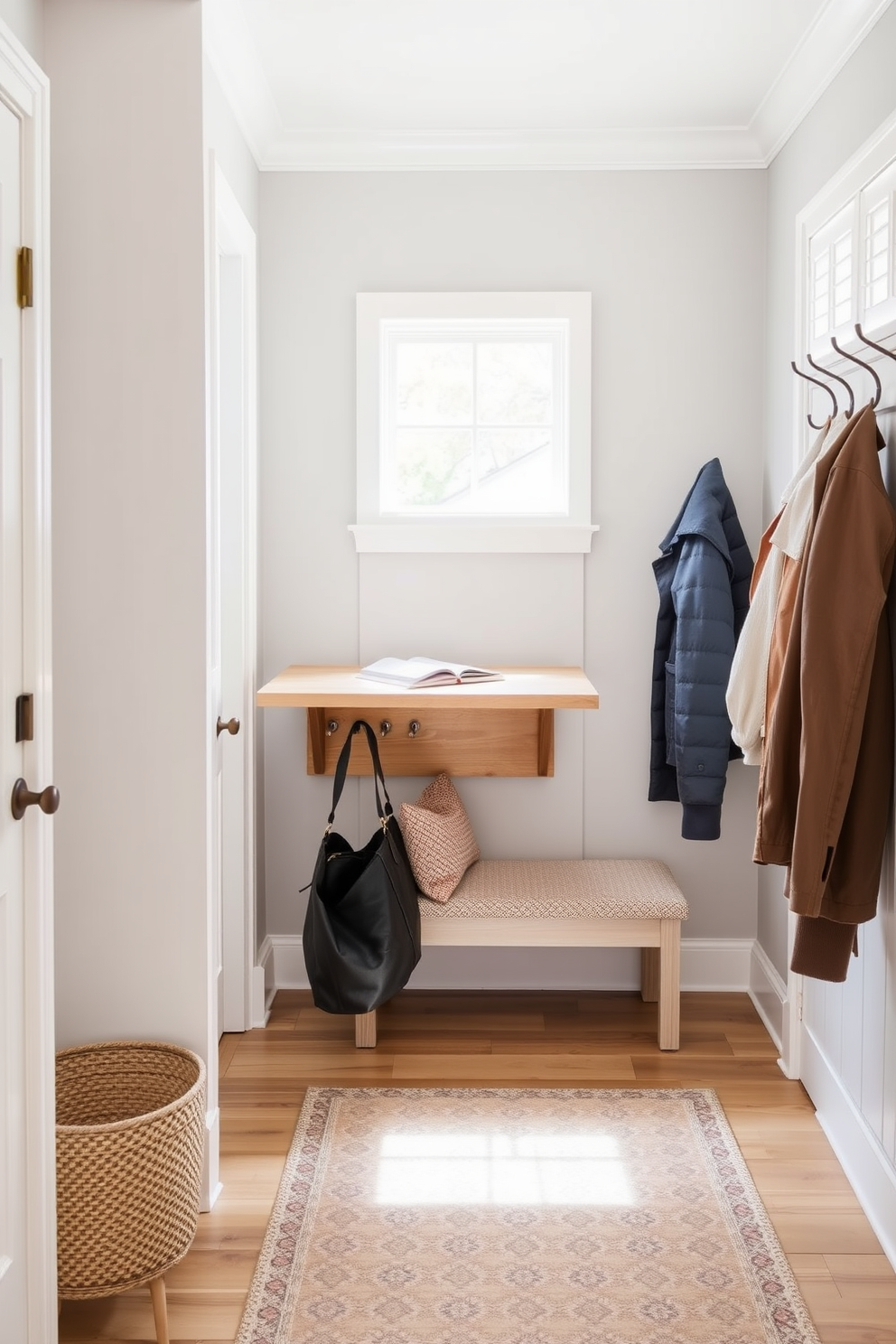 A wall-mounted foldable table is installed in a bright and airy mudroom. It features a sleek design with a light wood finish, providing a functional space for keys and bags. The mudroom is decorated with hooks for coats and a small bench for seating. The walls are painted in a soft gray, and a patterned rug adds a touch of warmth to the floor.