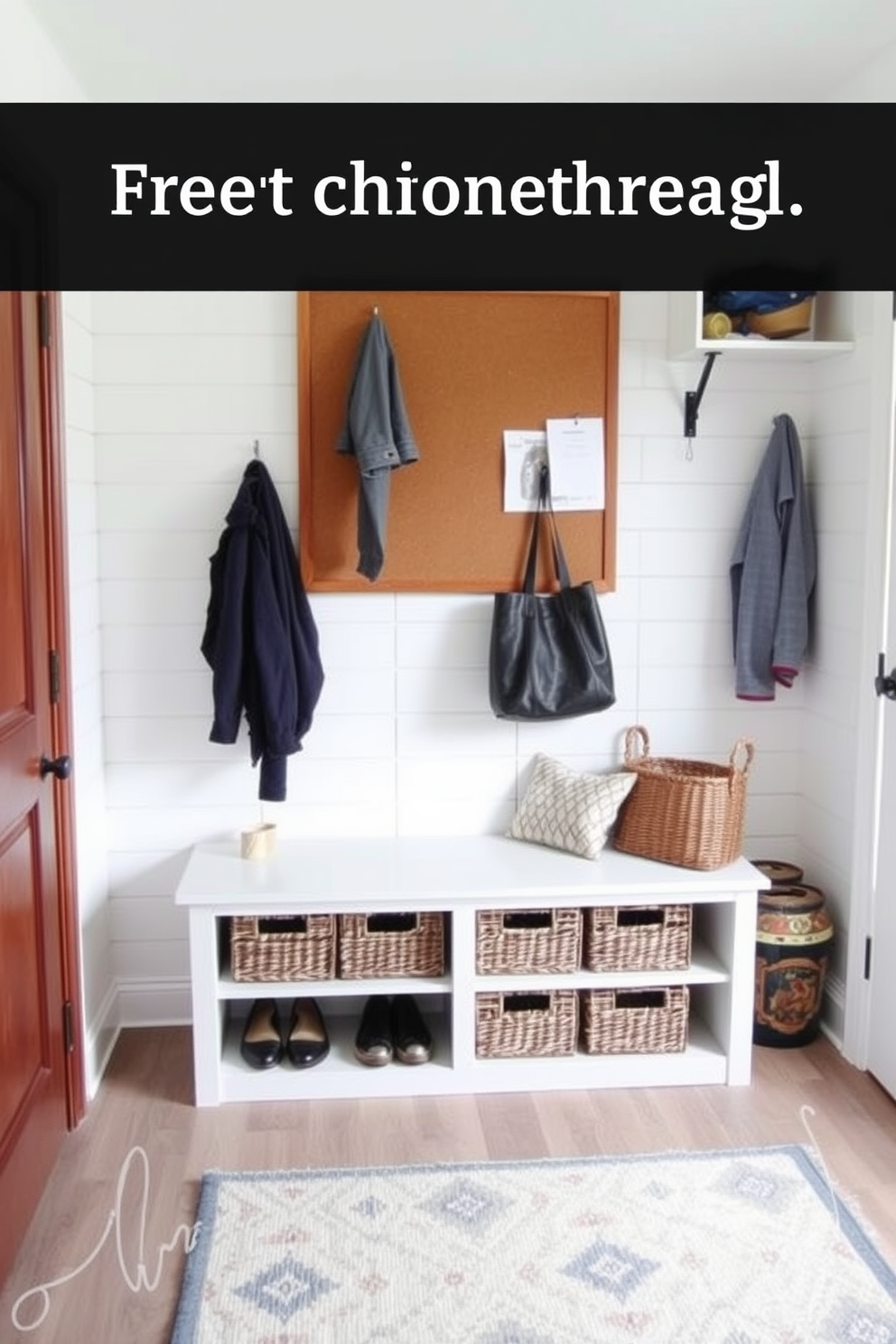 A functional corkboard is mounted on the wall in a mudroom, surrounded by hooks for coats and bags. Beneath the corkboard, a bench with storage baskets provides a convenient spot to sit and remove shoes. The mudroom features a light-colored shiplap wall that enhances the airy feel of the space. A patterned rug adds a touch of warmth and color, inviting guests to step inside.