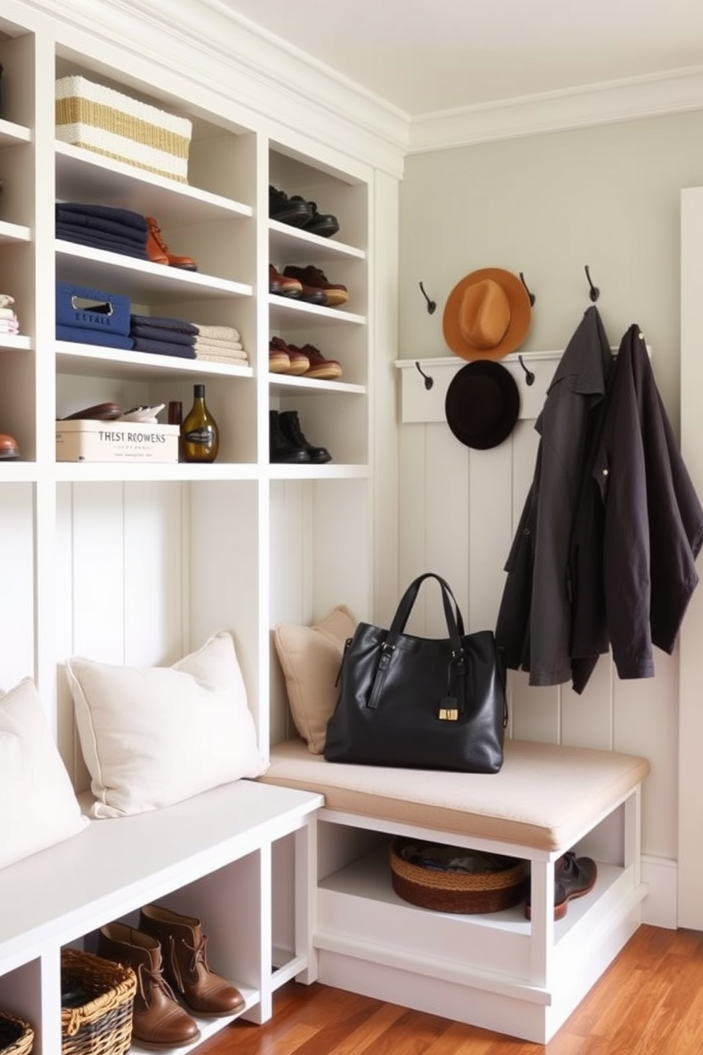 Open shelving lines the walls of a cozy mudroom, providing easy access to everyday items like shoes and bags. The space features a bench with soft cushions, and hooks above are used for hanging coats and hats.