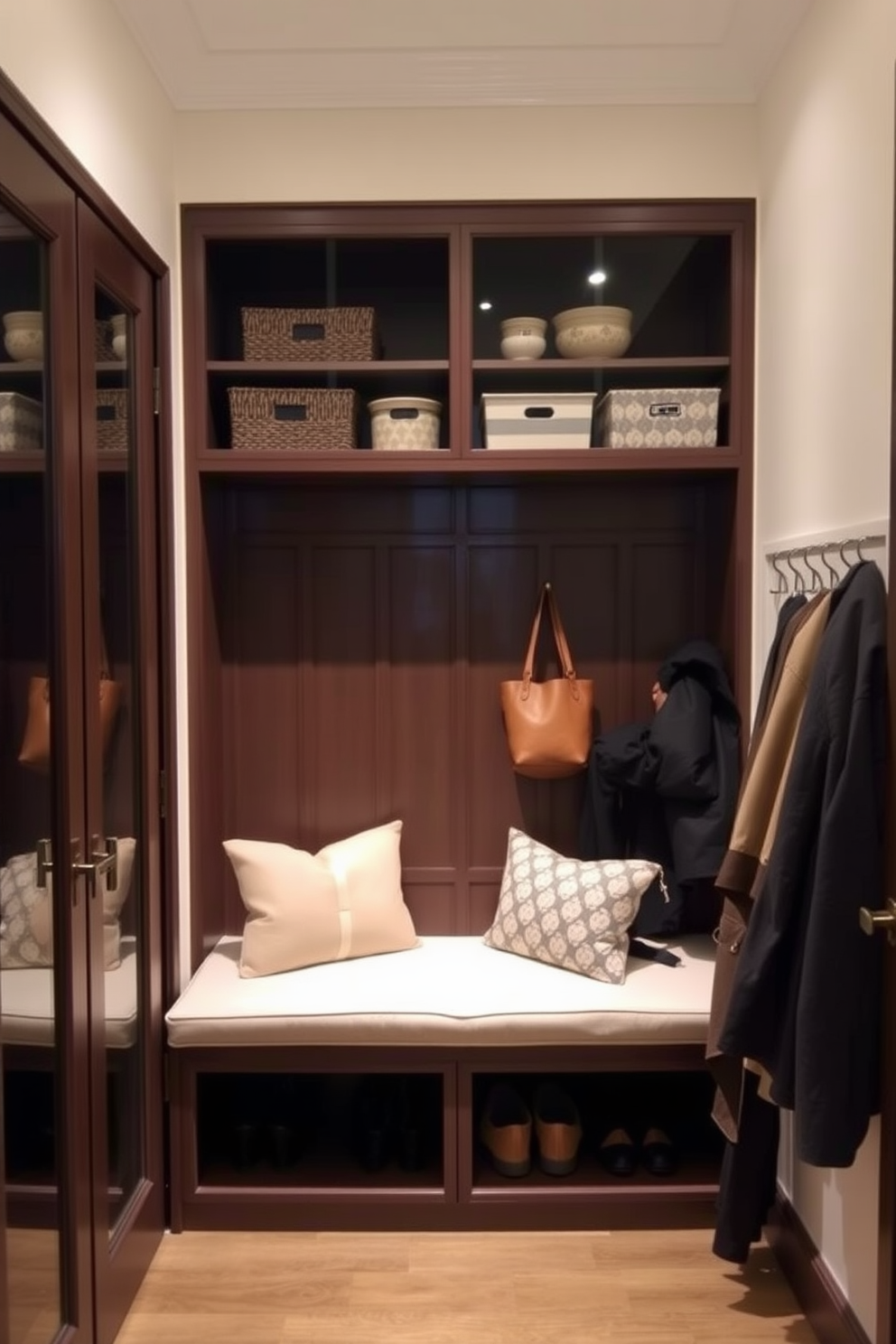 A functional mudroom featuring glass doors that elegantly display neatly organized items. The space includes a built-in bench with storage underneath, surrounded by hooks for coats and bags.