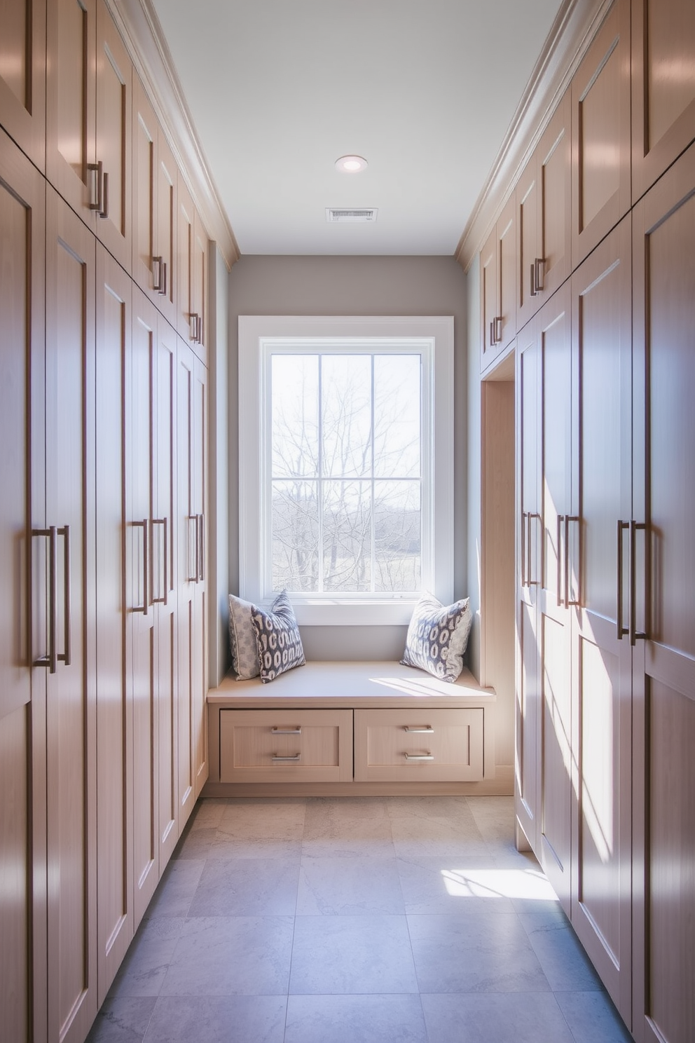 A functional mudroom featuring floor-to-ceiling cabinets that provide ample storage space. The cabinets are crafted from light wood with sleek handles, and the walls are painted in a soft gray tone. A built-in bench with plush cushions is situated beneath a large window, allowing natural light to flood the space. The floor is covered with durable, easy-to-clean tiles in a neutral color to withstand daily wear and tear.