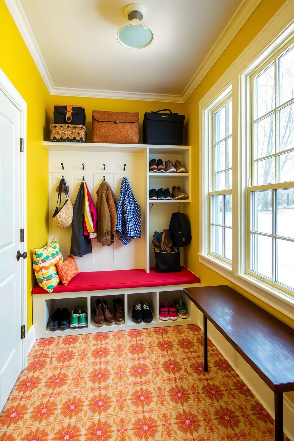 A vibrant mudroom featuring a bright yellow accent wall that energizes the space. The room includes a built-in bench with colorful cushions and hooks for hanging coats and bags. The floor is covered with cheerful patterned tiles that add a playful touch. A large window allows natural light to flood in, illuminating the organized shelves filled with shoes and outdoor gear.