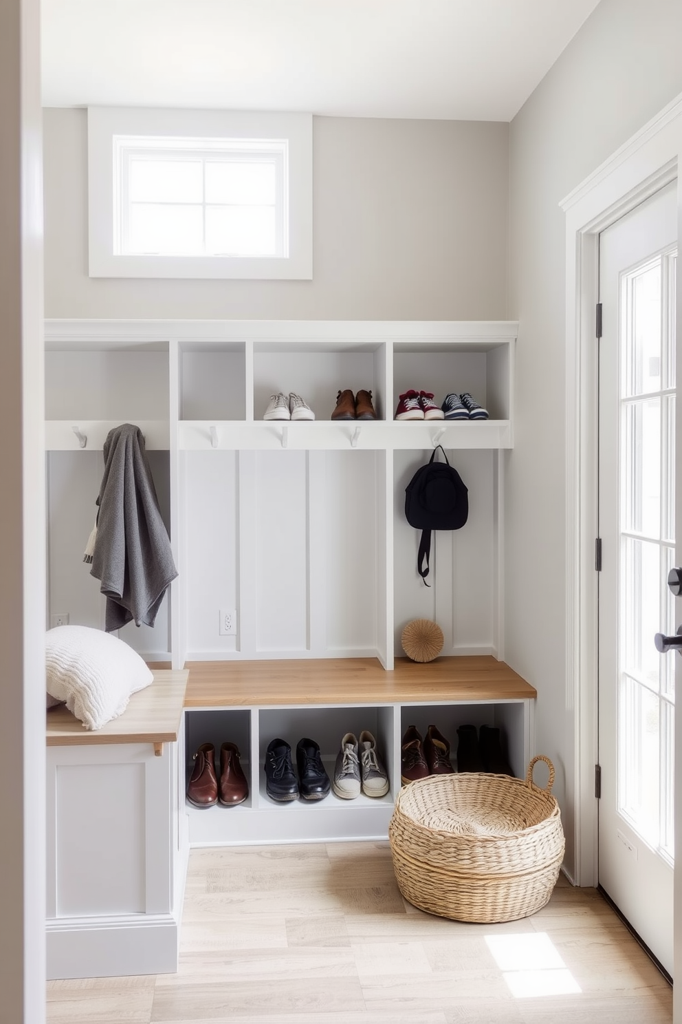 A cozy mudroom featuring built-in cubbies for shoe organization. The walls are painted in a soft gray tone, and a bench with storage underneath is positioned against one side. Natural light floods the space through a nearby window, illuminating the neatly arranged shoes in the cubbies. A woven basket sits on the floor, adding a touch of warmth and texture to the design.