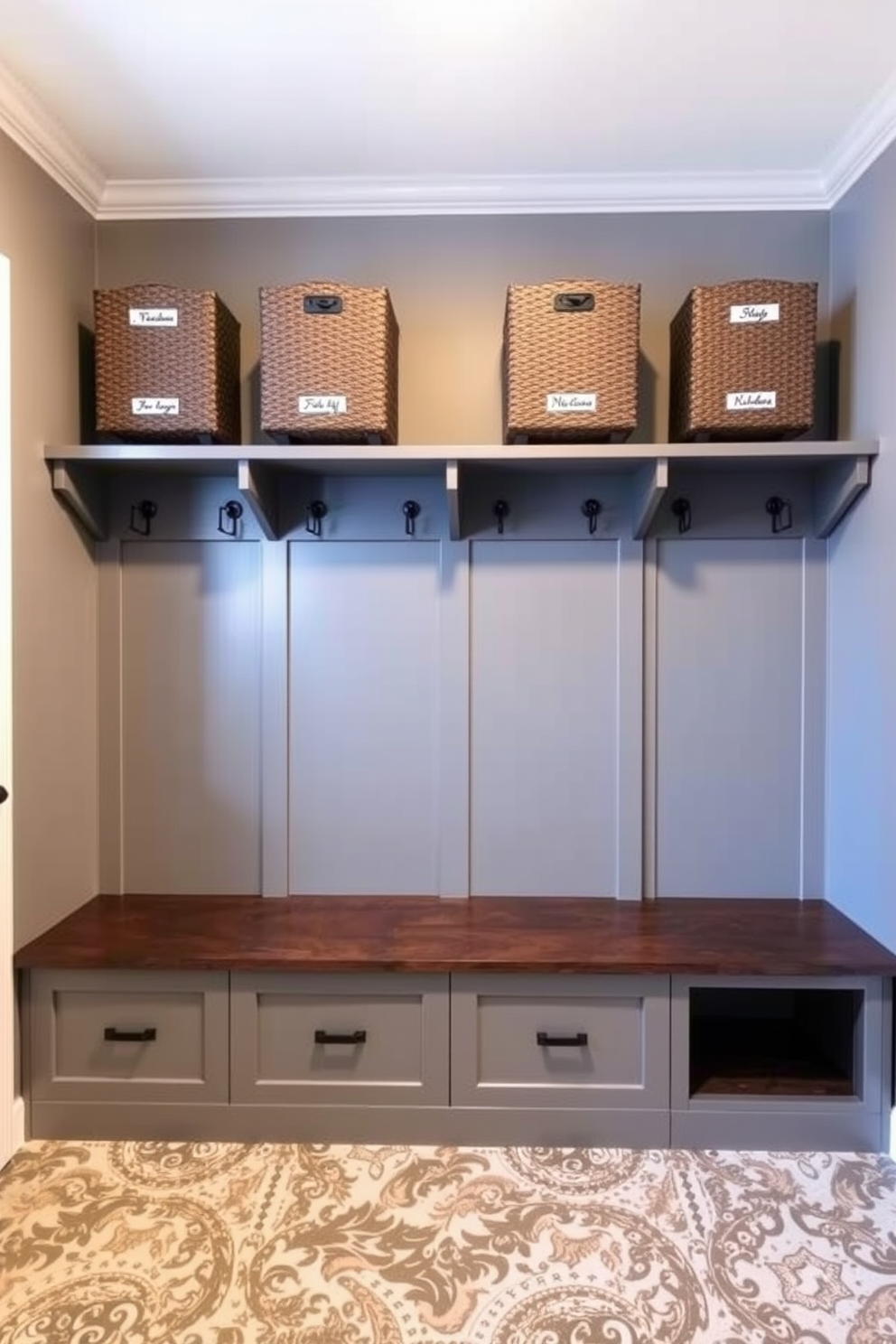 A cozy mudroom featuring cubbies for storage with personalized name tags for each family member. The walls are painted in a soft gray hue, and the floor is adorned with durable, patterned tiles for easy cleaning.