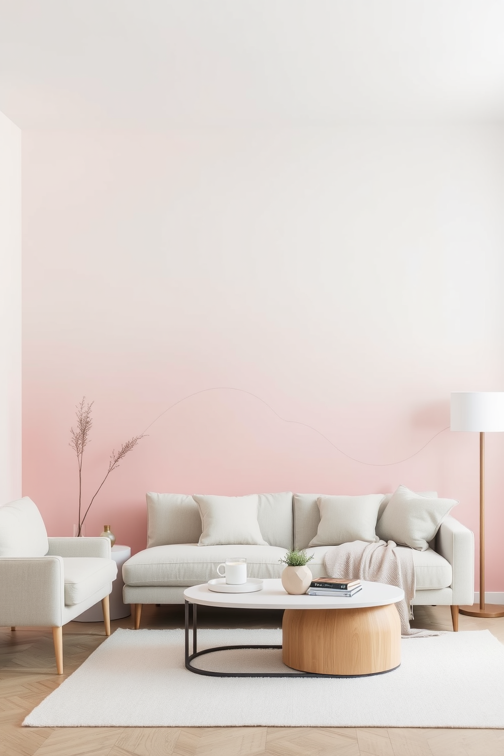 A living room featuring a soft pastel gradient wall fade that transitions smoothly from light pink to soft blue. The design includes simple wall painting elements that add a touch of elegance and tranquility to the space.