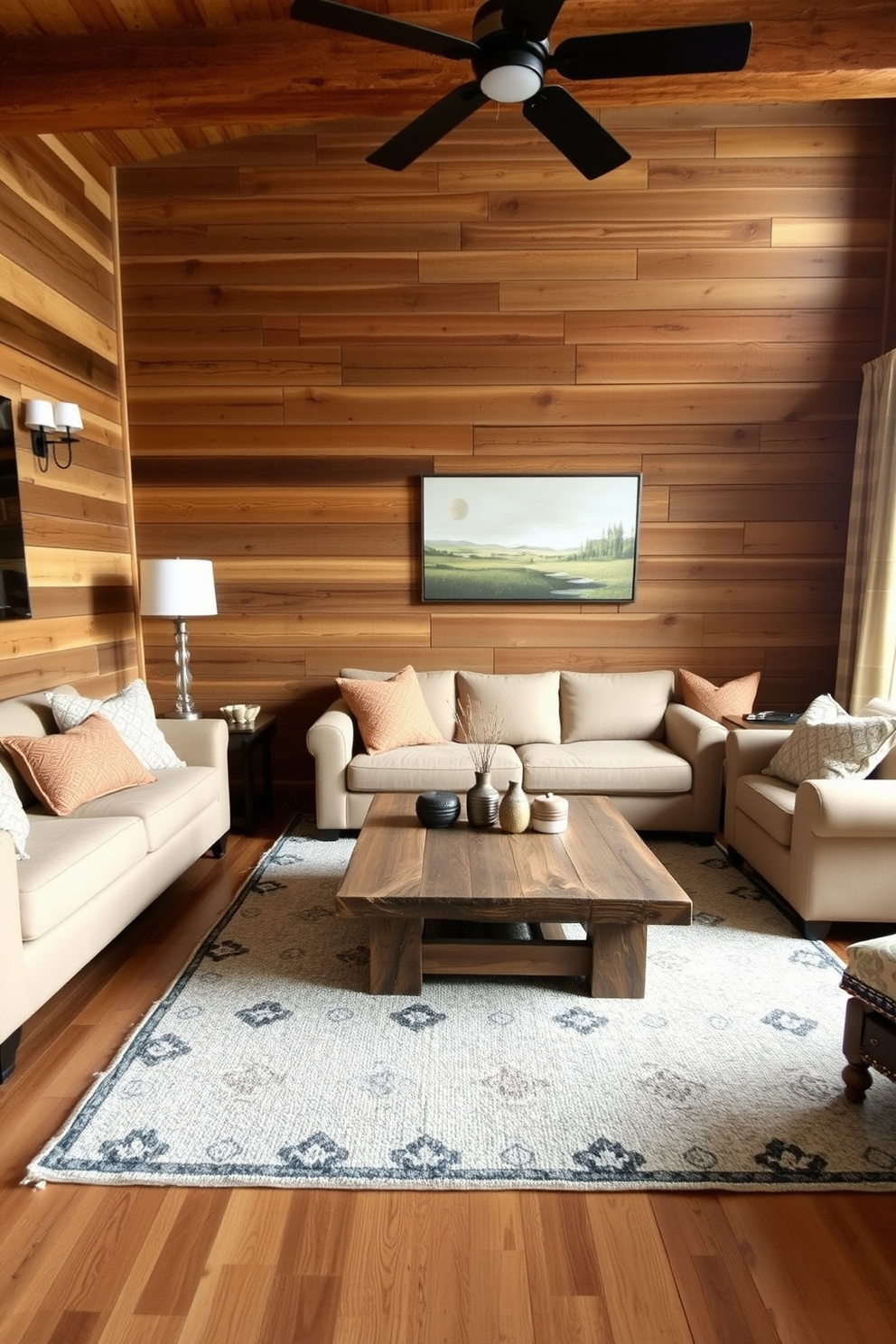 A cozy living room featuring rustic wood paneling that brings warmth and character to the space. The walls are adorned with simple wall painting designs that complement the natural tones of the wood. The room includes a comfortable sofa with textured cushions and a large area rug that adds softness underfoot. A coffee table made from reclaimed wood sits in the center, surrounded by a few decorative elements that enhance the rustic charm.