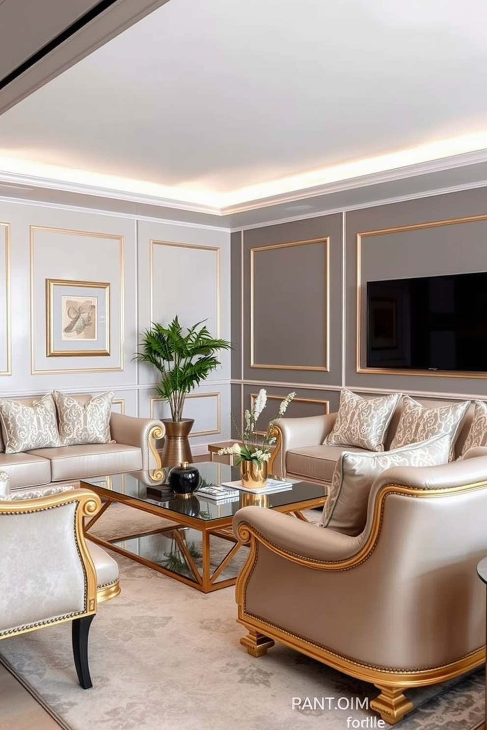 A living room with subtle metallic accents that enhance elegance. The furniture features gold and silver details, creating a sophisticated atmosphere. The walls are adorned with simple yet stylish wall painting designs that complement the overall decor. Soft, neutral colors are used to maintain a serene and inviting ambiance.