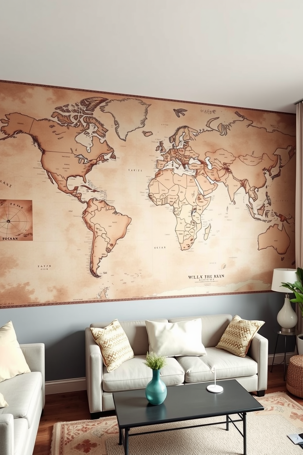 A vintage map mural covers the entire wall, featuring intricate details of continents and oceans in muted earth tones. The mural creates a warm and inviting atmosphere, perfect for travel lovers who appreciate the beauty of exploration. Simple wall painting designs adorn the living room, showcasing soft pastel colors that blend harmoniously with the decor. Geometric patterns and abstract shapes add a modern touch, enhancing the overall aesthetic of the space.