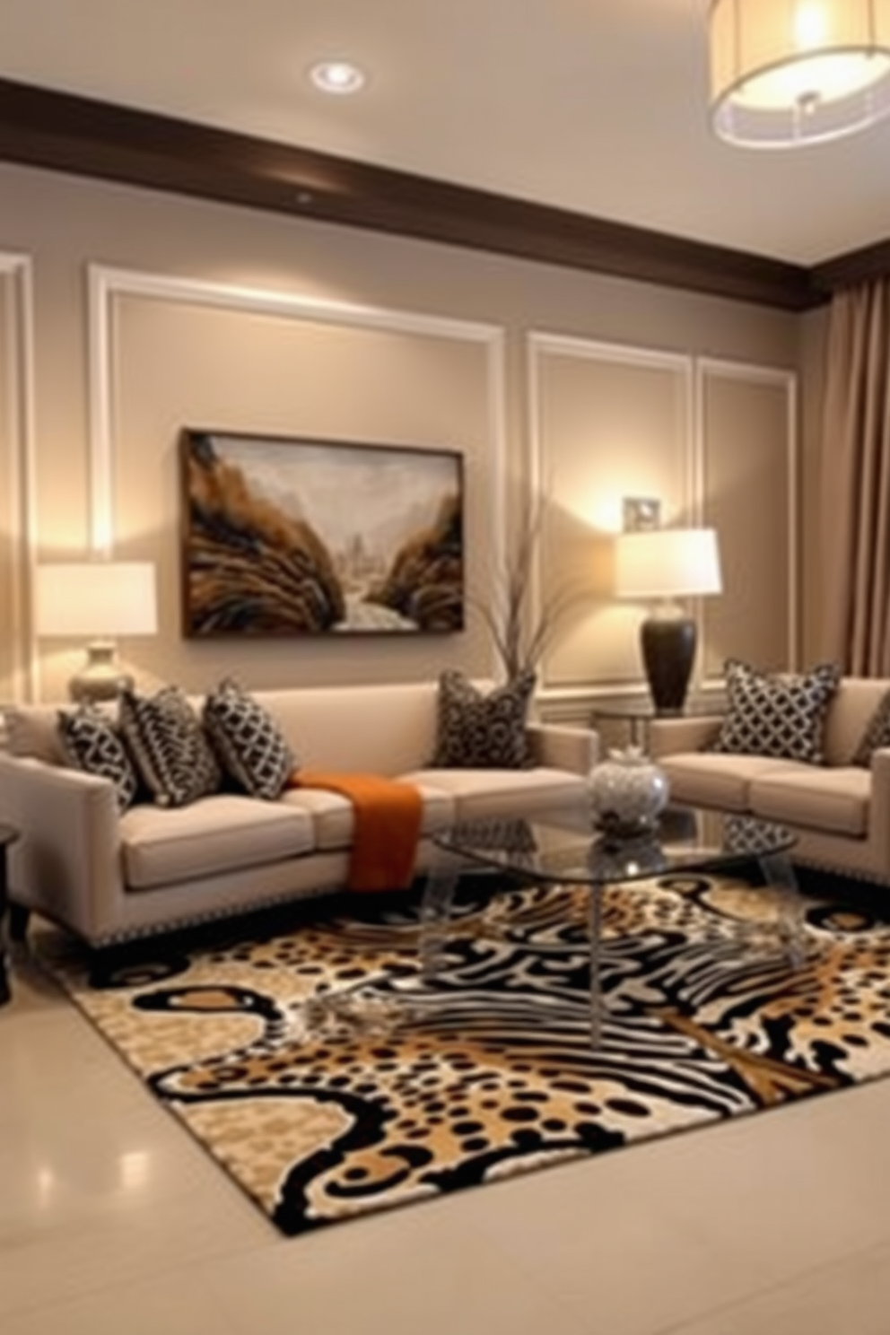 A bold animal print rug anchors the living room, adding a striking focal point to the space. Complementing the rug, the walls feature simple yet elegant wall painting designs that create a harmonious backdrop. The animal print accents are balanced by neutral furniture pieces, enhancing the overall sophistication of the room. Soft lighting fixtures cast a warm glow, highlighting the textures of both the rug and the wall designs.