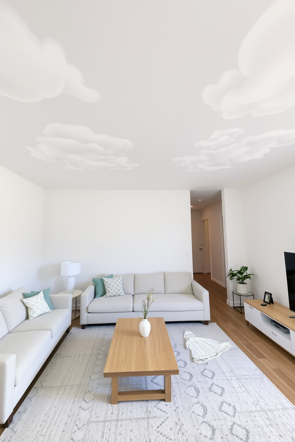 A serene living room setting with soft clouds painted on the ceiling creating a tranquil atmosphere. The walls feature simple wall painting designs in soft pastel colors that complement the overall decor. The furniture includes a plush sectional sofa in a light fabric and a minimalist coffee table made of natural wood. A large area rug with subtle patterns anchors the seating area, adding warmth and texture to the space.