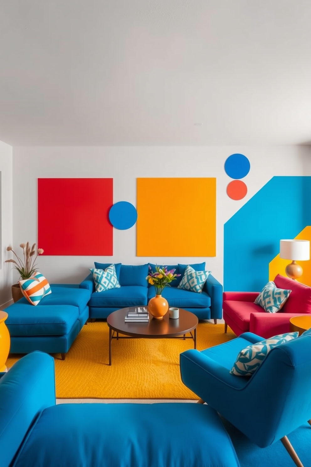 A dynamic living room featuring geometric shapes in bold colors. The walls are adorned with simple wall painting designs that create a striking contrast with the vibrant furniture and decor.