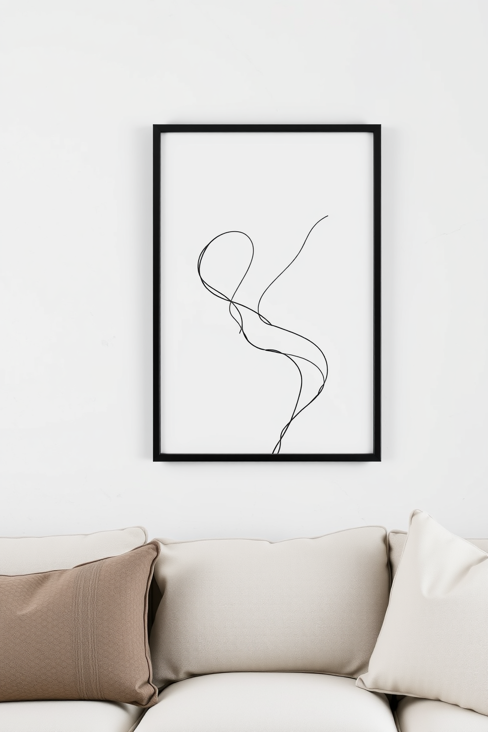 A minimalist line art design featuring elegant and flowing shapes that convey sophistication and simplicity. The artwork is framed in a sleek black frame and is displayed against a soft white wall, enhancing the overall aesthetic of the space. Simple wall painting designs for the living room that incorporate subtle geometric patterns in muted tones. The colors blend seamlessly with the furniture, creating a harmonious and inviting atmosphere.