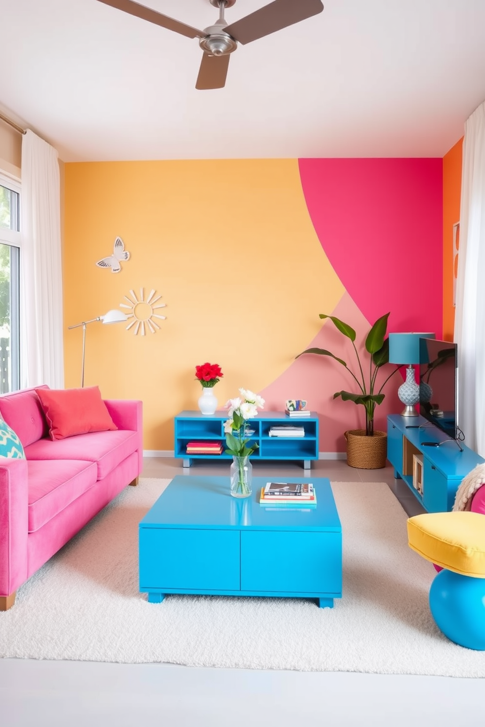 A vibrant living room featuring bright color pops against a neutral base. The walls are adorned with simple wall painting designs that add a playful touch to the overall decor.