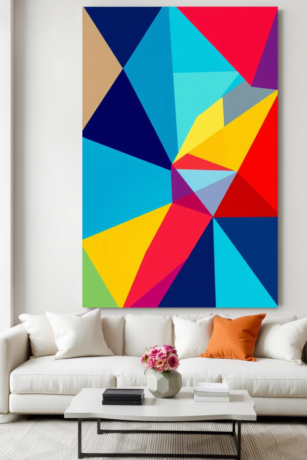 Brightly colored geometric triangles create a vibrant and dynamic atmosphere in the living room. The triangles are arranged in an eye-catching pattern on a large canvas, with hues of blue, yellow, and red complementing each other beautifully. Simple wall painting designs enhance the overall aesthetic of the space without overwhelming it. Soft, neutral colors serve as a backdrop, allowing the geometric shapes to stand out while maintaining a sense of calm and sophistication.