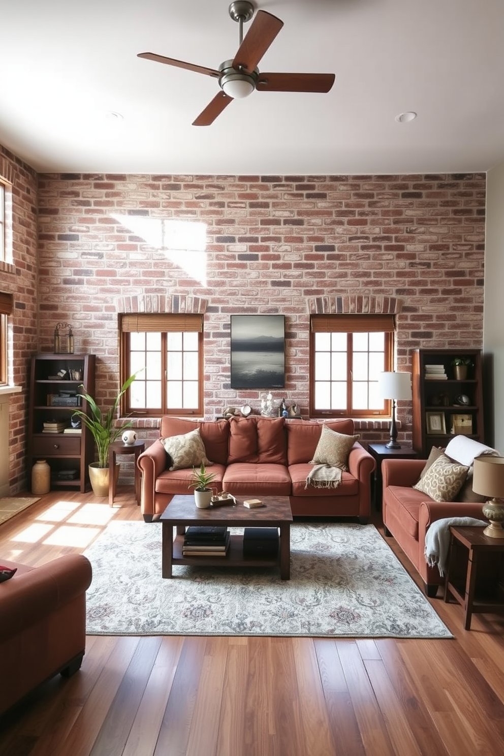 A cozy living room with a faux brick finish that adds a rustic charm. The walls are adorned with simple wall painting designs that enhance the inviting atmosphere. The space features a comfortable sofa in earthy tones, complemented by wooden accents and a soft area rug. Natural light streams in through large windows, illuminating the warm textures and colors throughout the room.